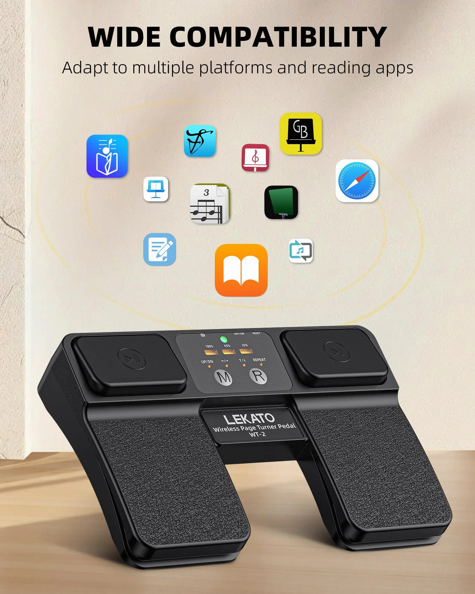 LEKATO Pedale Bluetooth Page Turner con controllo backing track e indicatore batteria, pedale wireless ricaricabile per spartiti, smartphone, tablet e lezioni musicali (WT-2)
