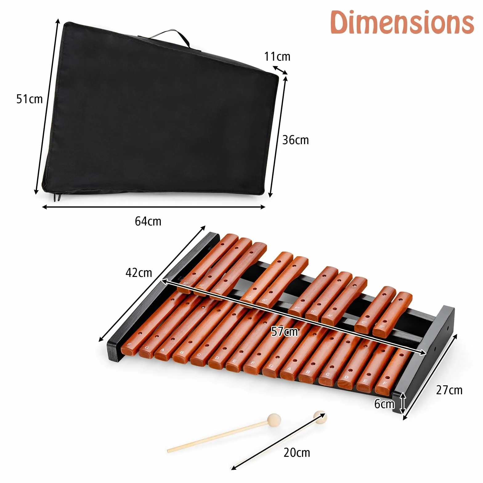 KOMFOTTEU Xilofono con 25 Note Scritte, Glockenspiel in Legno di Pino con 2 Mazzuoli, Strumento Musicale a Percussione a Mano con Borsa per il Trasporto, Metallofono Scuola Media per Bambini, Adulti