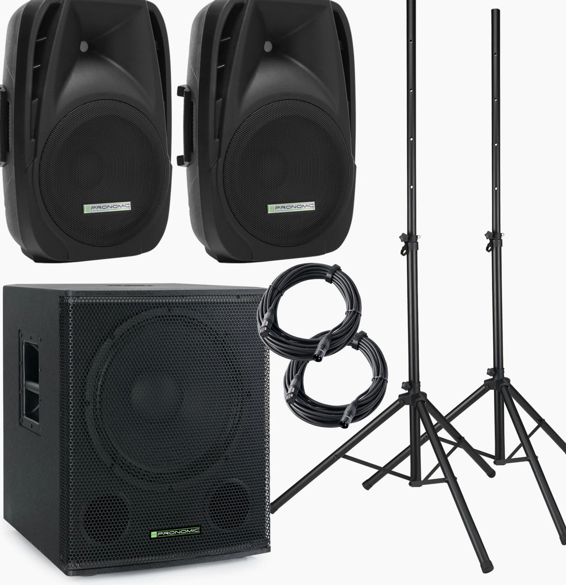 Pronomic 118S-212A Impianto PA Attivo - set PA attivo con 1 subwoofer da 18" e 2 satelliti da 12" - 600 watt potenza totale (RMS) - inclusi supporti per casse e cavi da 10m