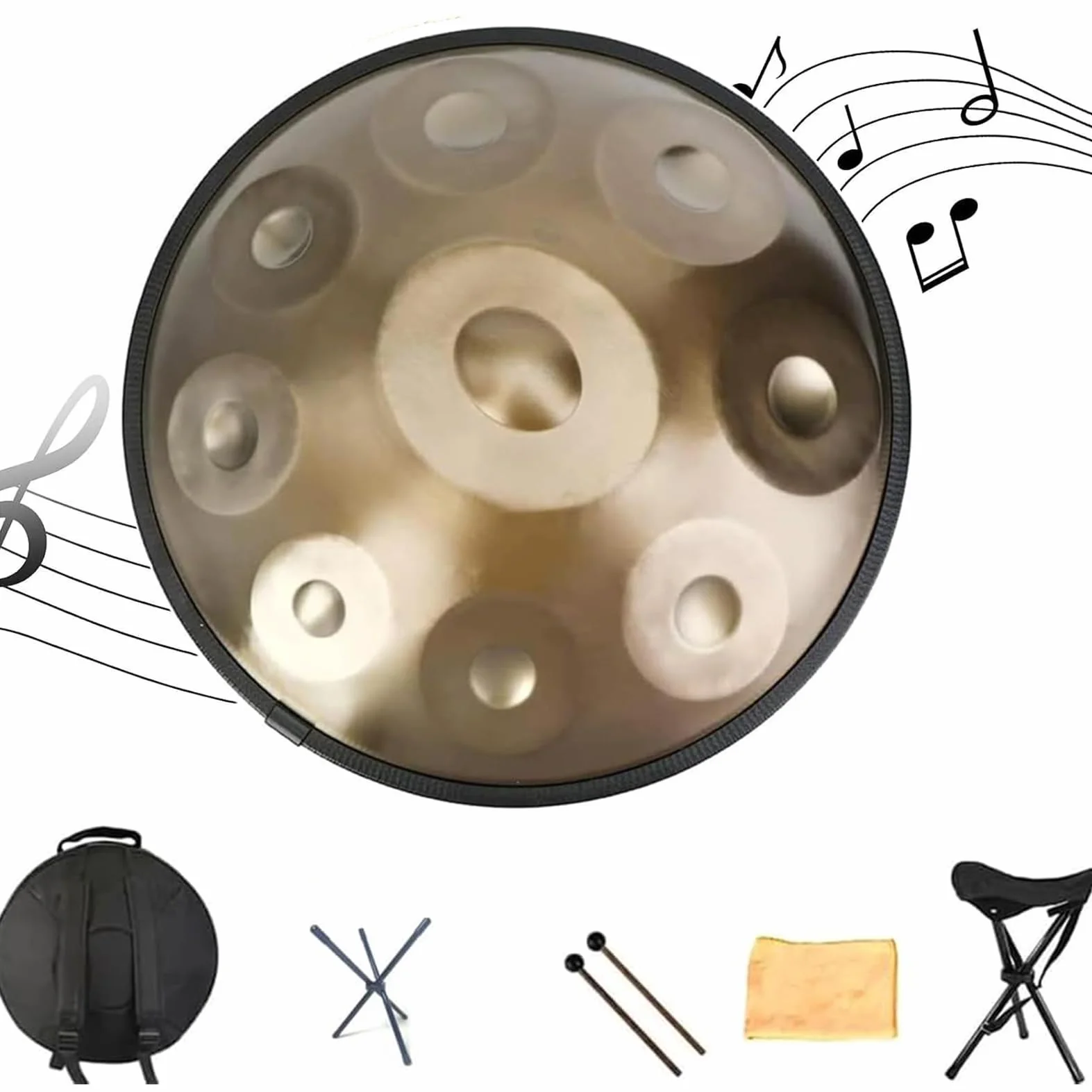 Strumento a Tamburo Handpan in Acciaio da 22 Pollici in Re Minore, Set di Tamburi a Mano con Supporto per Bacchetta - Oro