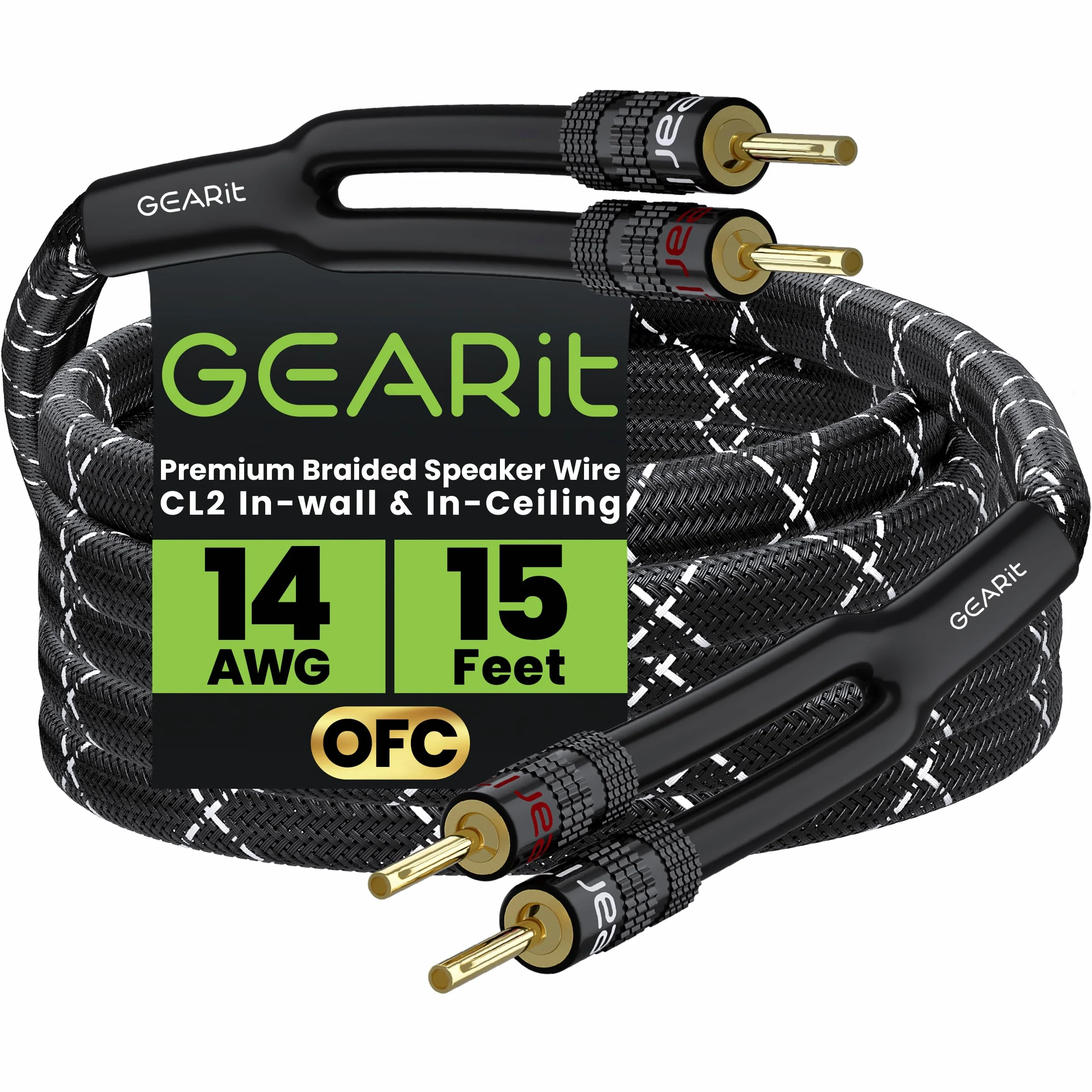 GearIT Cavo per altoparlanti Hi-Fi 2 x 2,5 mm≤ con connettori a banana (4,57 metri, nero) rame OFC privo di ossigeno, cavo per altoparlanti CL2, intrecciato resistente, calibro 14 AWG, 3,5 m