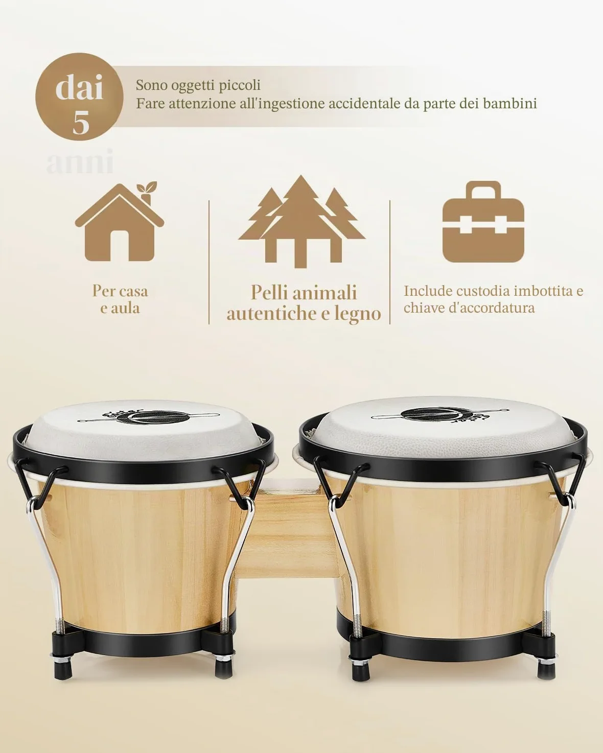 Eastar Bongo Drum 6” + 7” Per Adulti Bambini Principianti Professionisti Strumenti a Percussione Accordabili In Legno Tiglio EBO-1 naturale