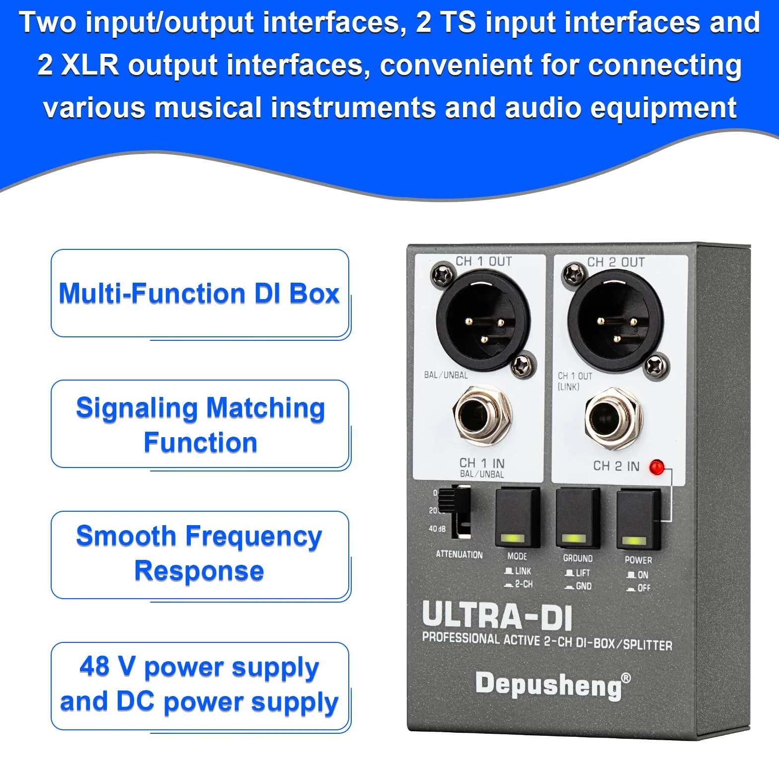 Depusheng Ultra-DI Di2 Professional Active DI-Box/Splitter a 2 canali con attenuatore di ingresso per collegare chitarra e basso, connettore bilanciato e sbilanciato, alimentazione 48V supportata