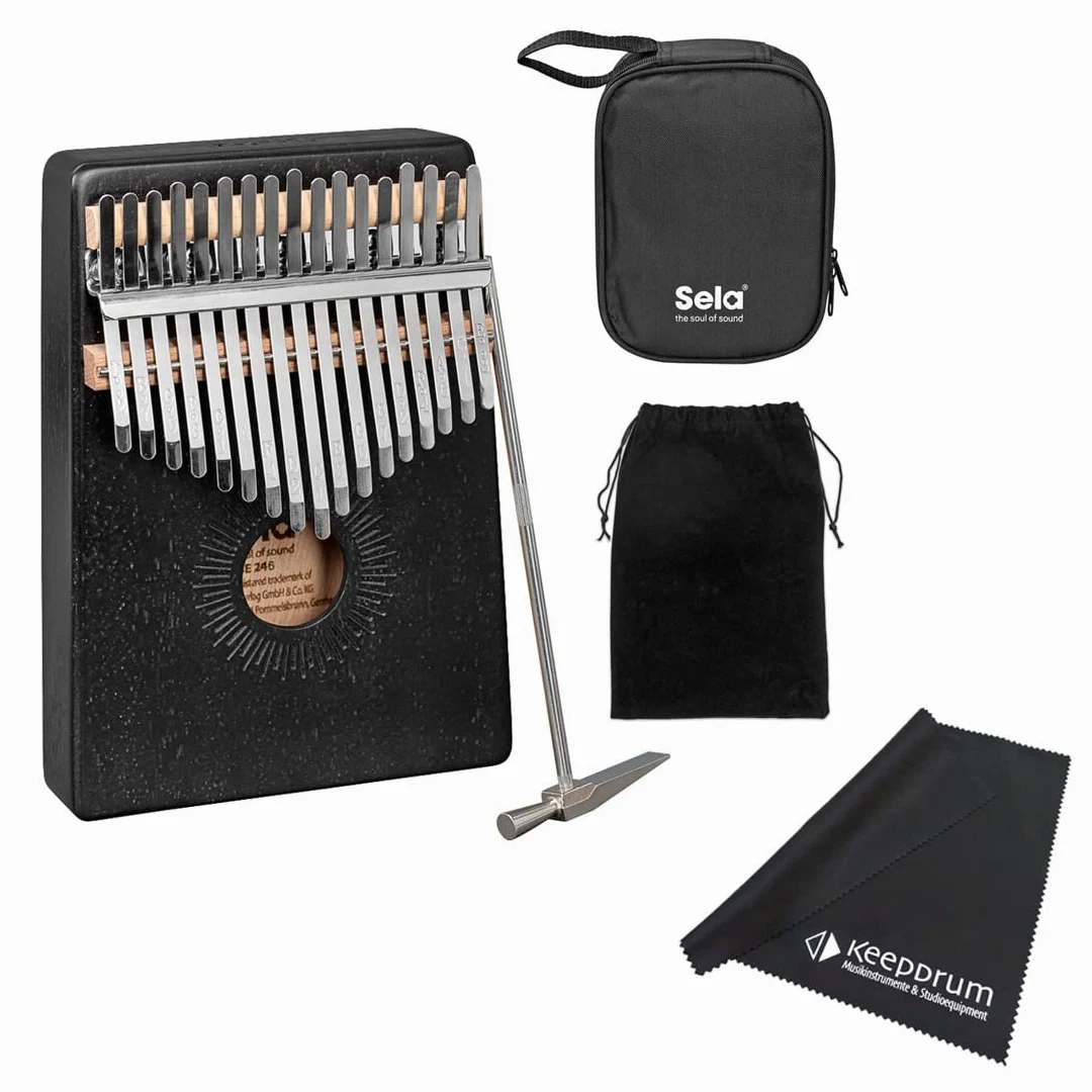 Sela SE246 Kalimba Percussioni Strumento Musicale Mogano 17 Nero + panno in microfibra Keepdrum