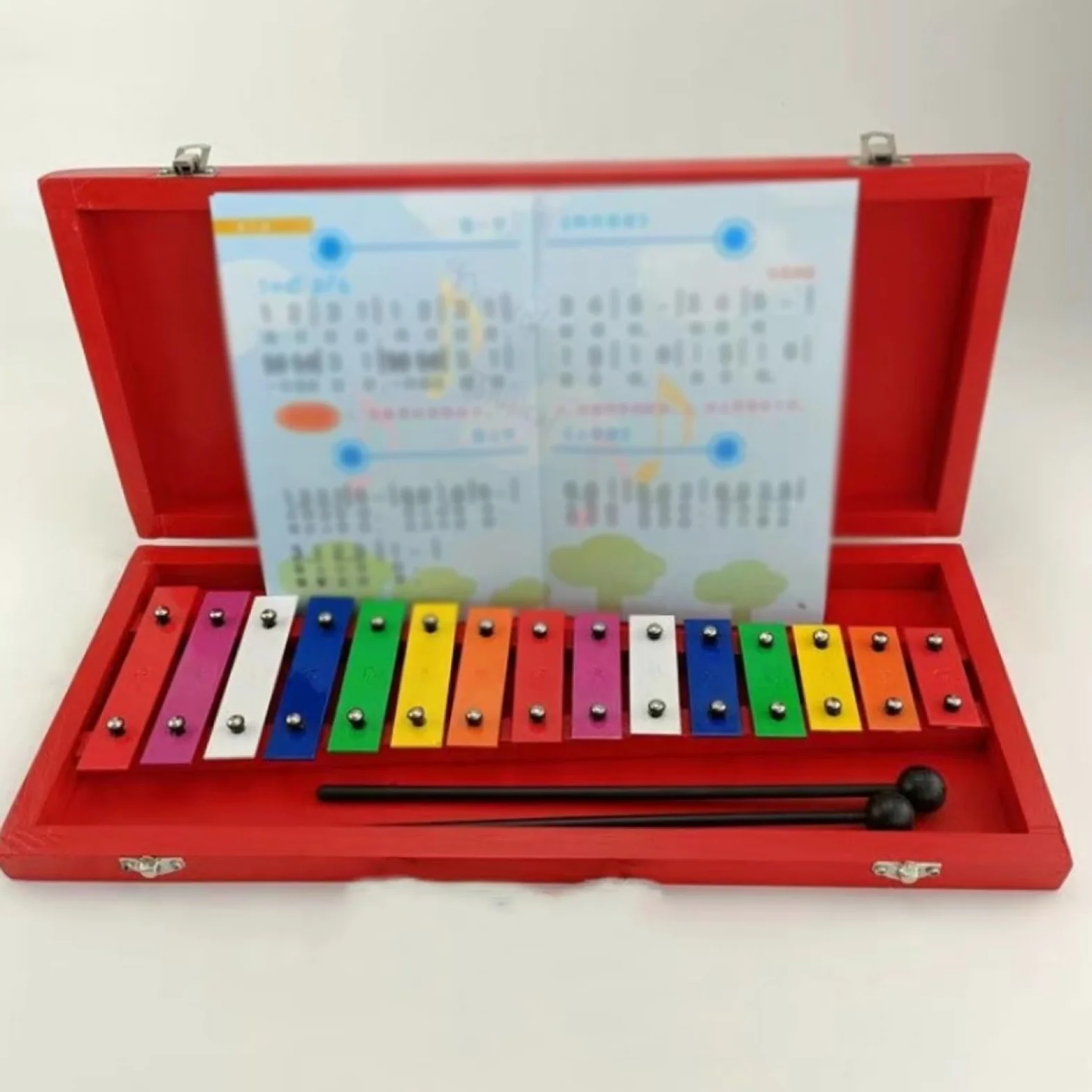 Confezione in scatola di legno per strumento a percussione xilofono glockenspiel con piastra in alluminio da 15 note Glockenspiel Strumento A Percussione