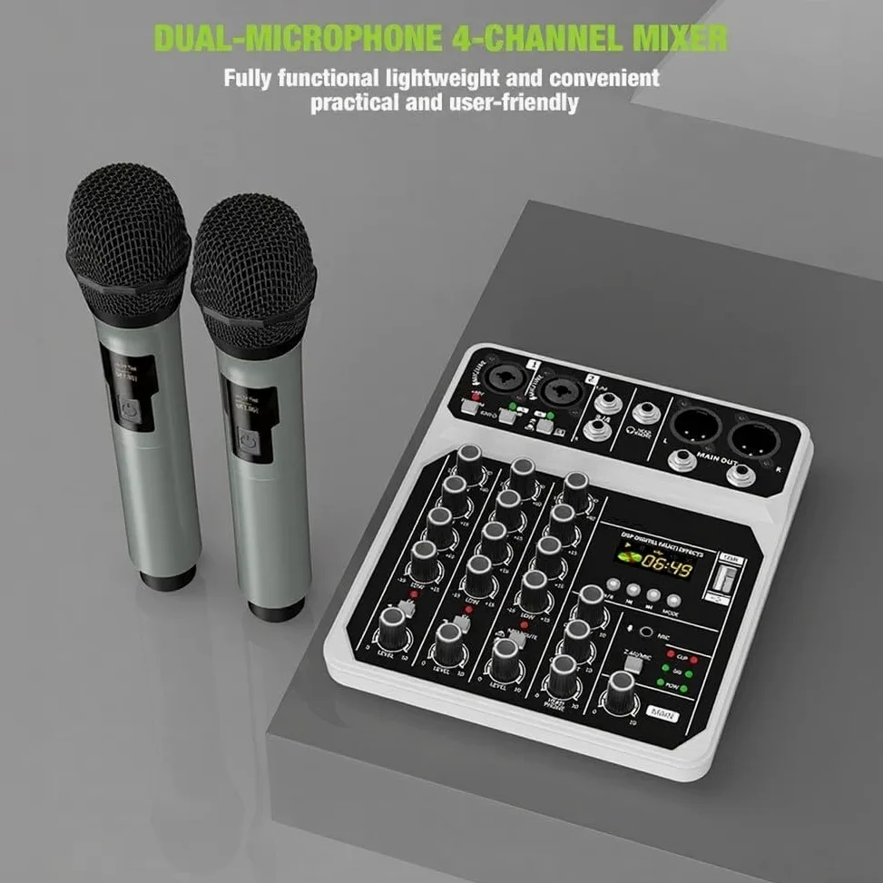 Console di mixaggio audio a 4 canali con lettore MP3 da 48 V e ingressi doppi per microfono per prestazioni live stage