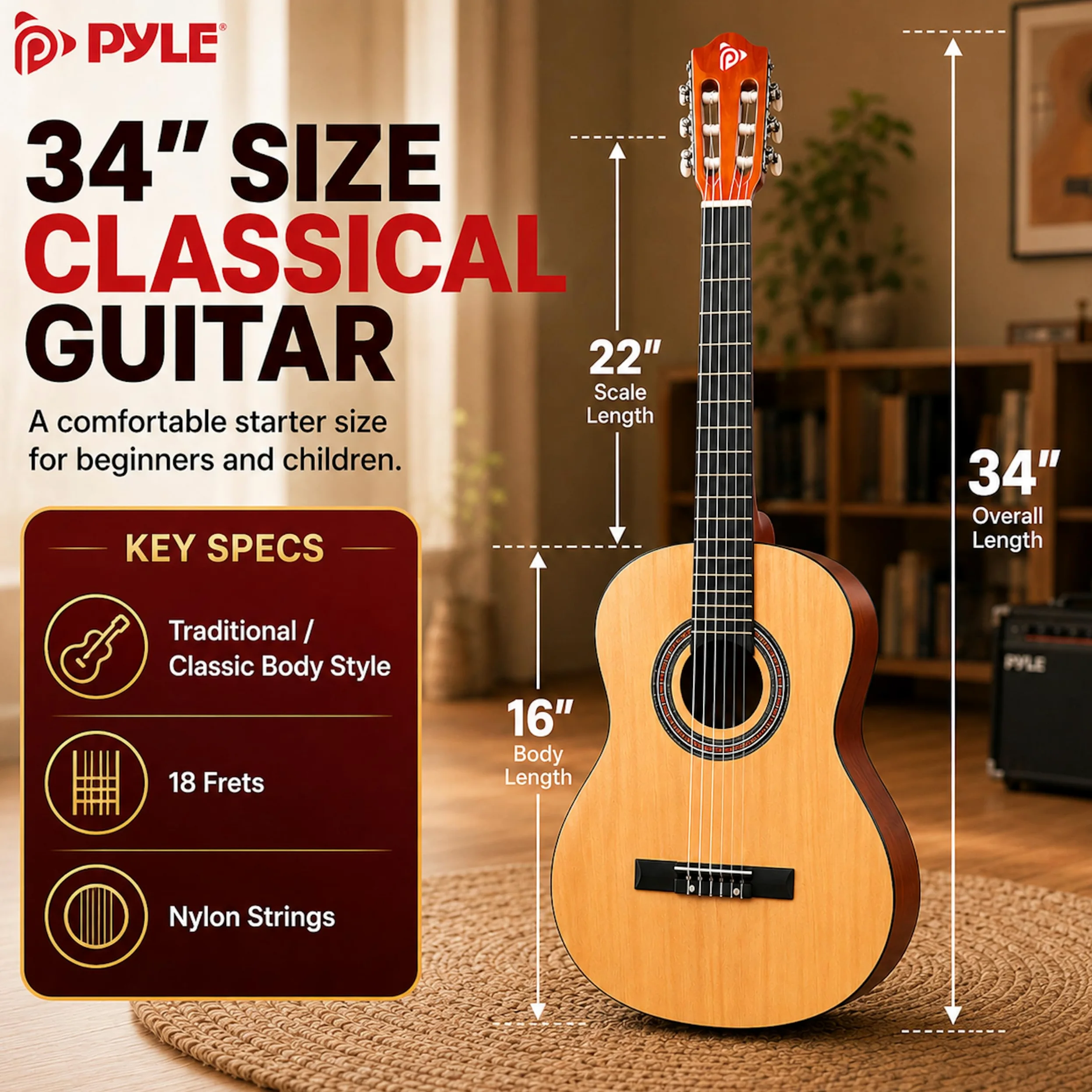 Pyle Kit per chitarra acustica per principianti, 1/2 Junior Size All Wood Instrument con kit di accessori completo, plettri, tracolla, custodia, panno per la pulizia, app accordatore, lezioni di 2