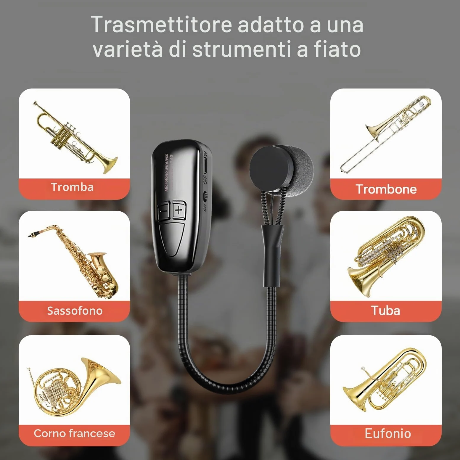 Microfono wireless per sassofono, microfono per strumenti a clip 2.4G, trasmettitore e ricevitore ricaricabile, portata 30,5 m, ideale per sassofono, tromba, tromba, trombone, cornetta, corno