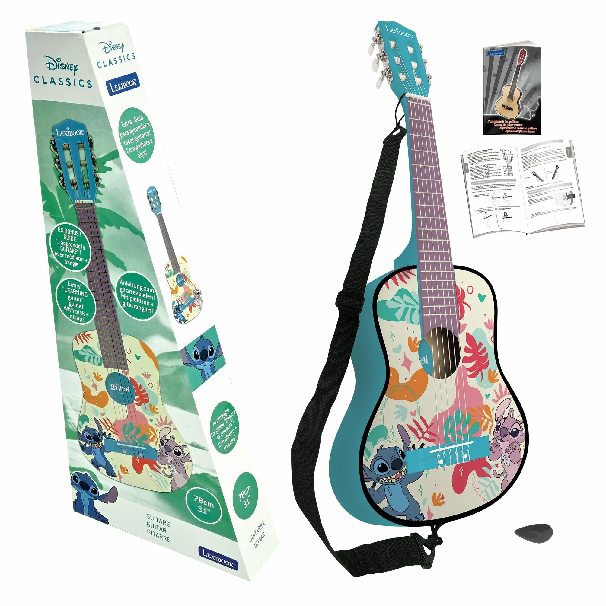 Lexibook, Disney Stitch, La mia prima chitarra acustica in legno, 6 corde in nylon, 78 cm (30), Guida all’apprendimento, plettro e tracolla inclusi, Blu, K2000DLXB