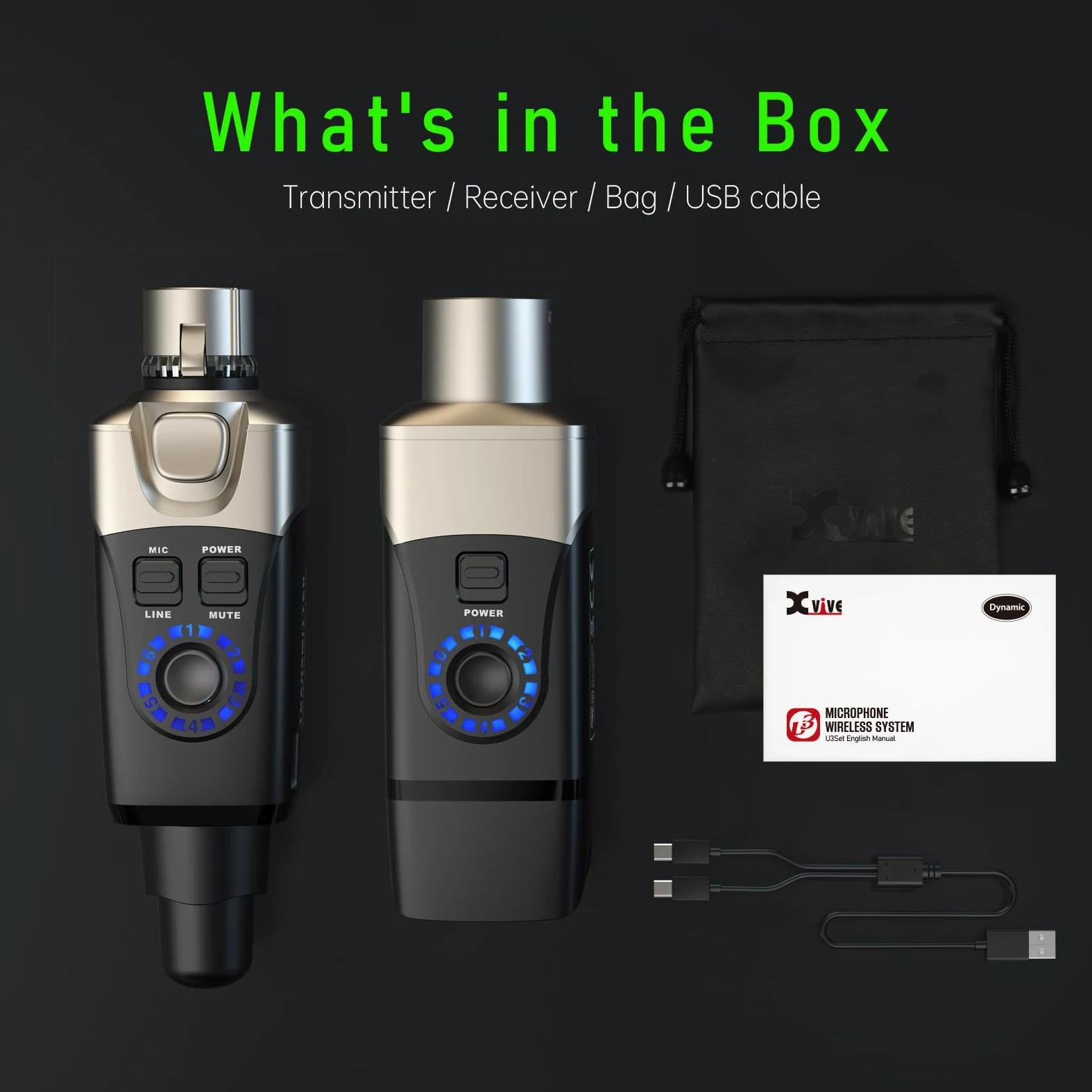XVIVE U3 - Sistema Microfono Wireless Ricaricabile con Trasmettitore/Ricevitore, Trasmissione in Banda 2,4Ghz - 5 Ore di Autonomia, Compatibile con Mixer Audio, Microfono Dinamico e Casse Acustiche