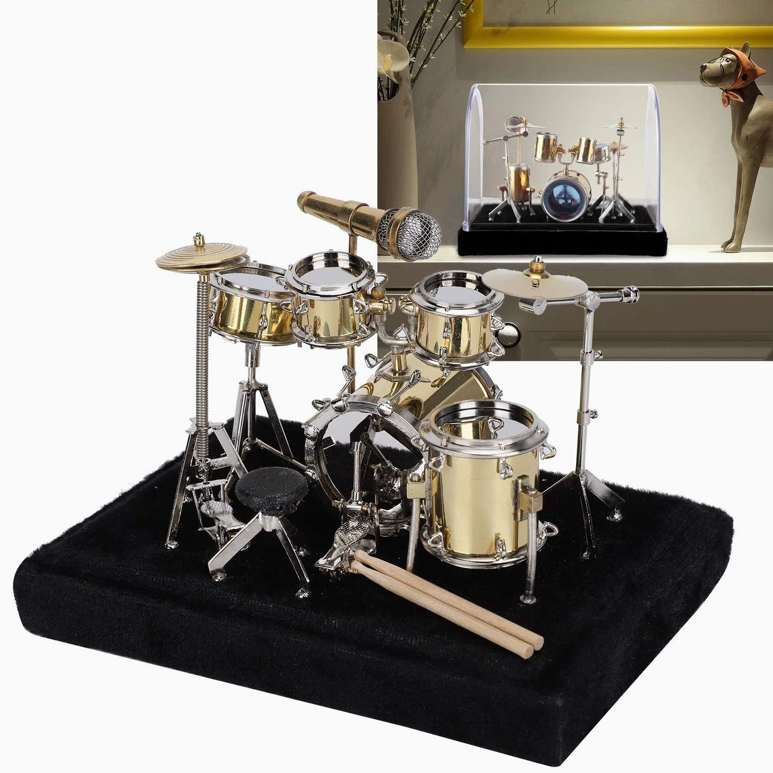 Tissting Mini modello di batteria, strumento musicale in miniatura, simula strumento musicale, ornamento per la casa, decorazione per la stanza, idea regalo, decorazione da tavolo (14 x 9,6 x 11 cm)