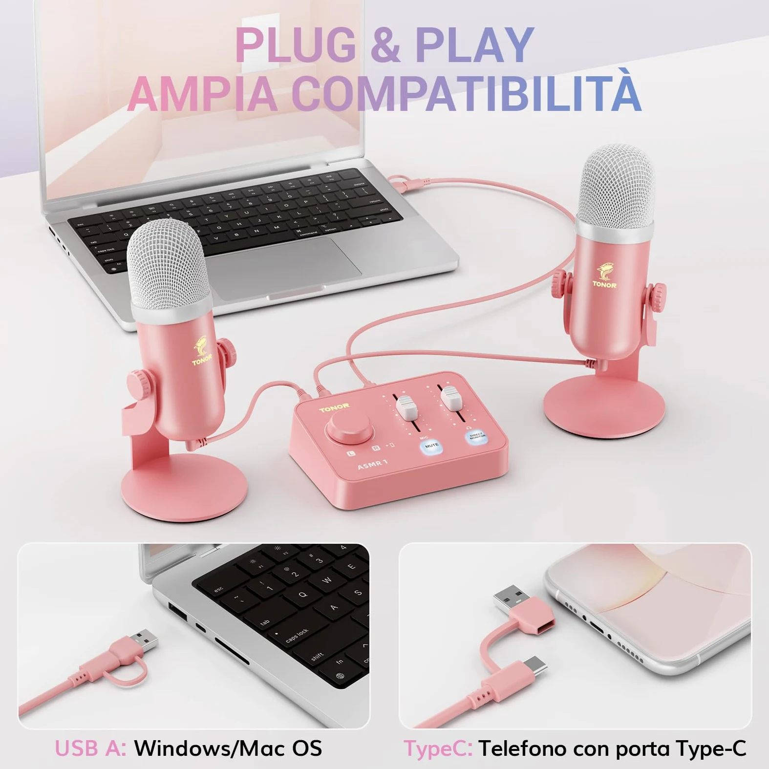 TONOR Microfono ASMR Equipment Bundle, Microfono a Doppio Condensatore con Interfaccia Audio, Audio 3D Immersivo, Suono Nitido, Controllo del Volume, Set per ASMR, Podcast, Registrazione, Rosa