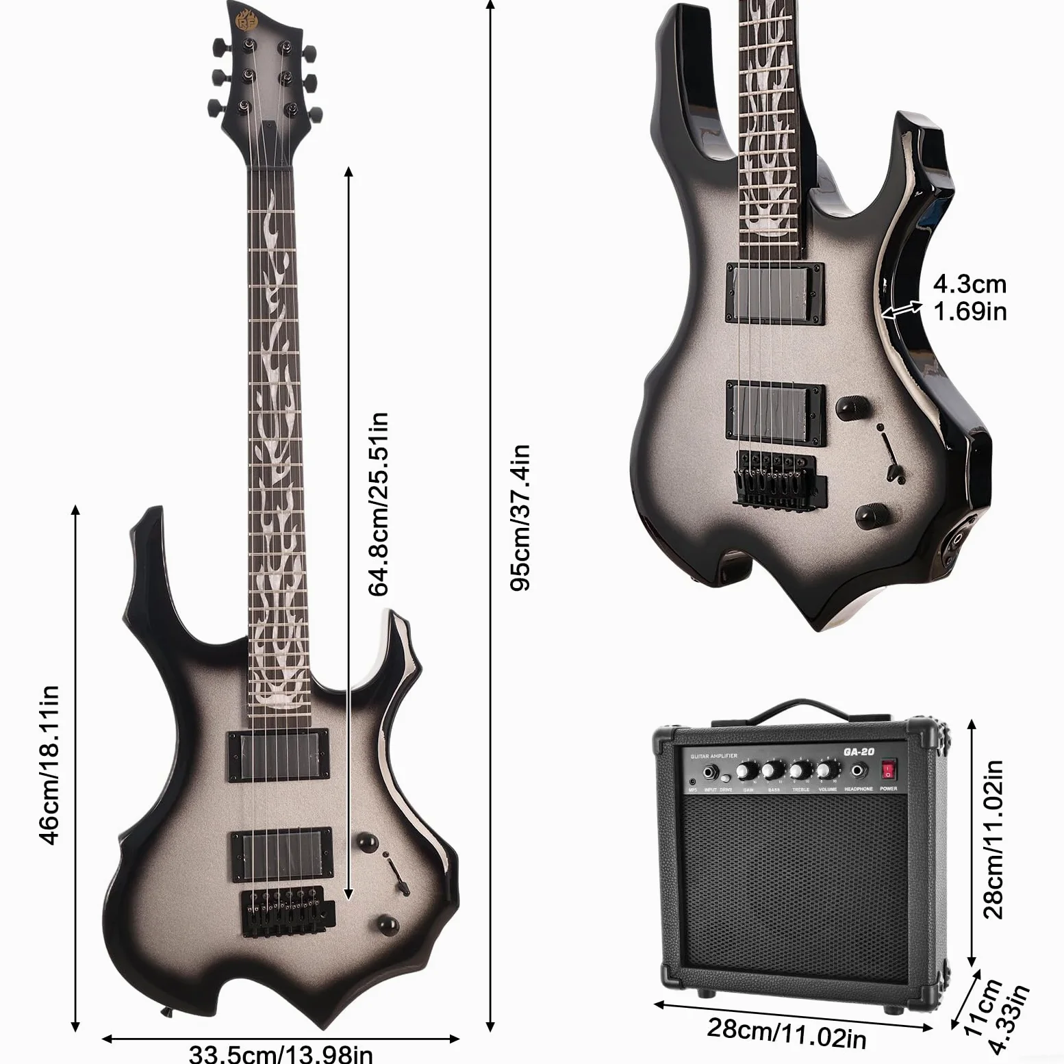 Chitarra elettrica Full Size Flame Design Set con borsa per chitarra, tracolla, amplificatore, braccio tremolo, cavo, plettro, perfetto per principianti e professionisti, chitarra a corpo
