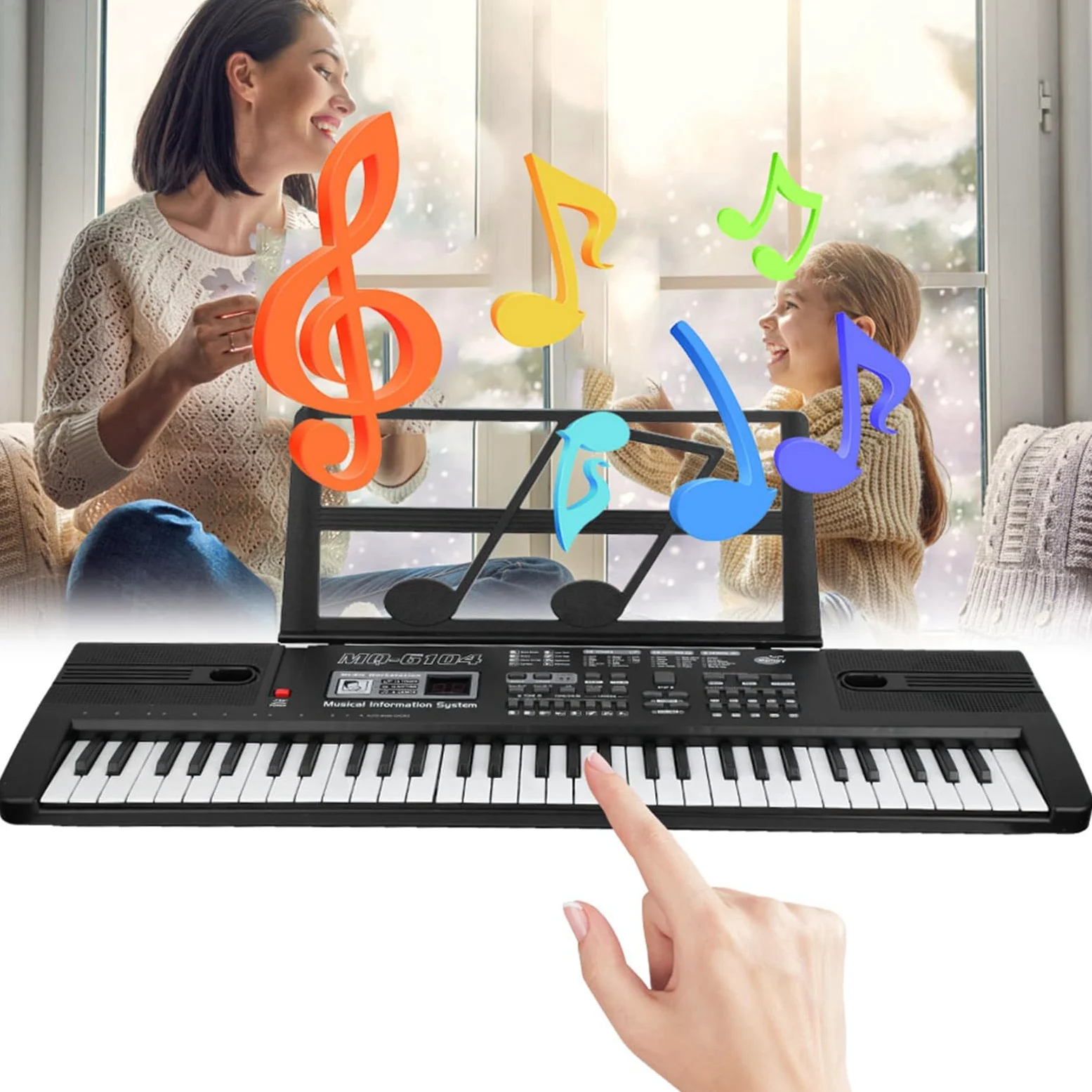 WakectsPianoforte digitale portatile con leggio, tastiera ricaricabile a 61 tasti, 16 suoni, 8 effetti sonori, 10 ritmi, 6 demo, ritmo e volume regolabili