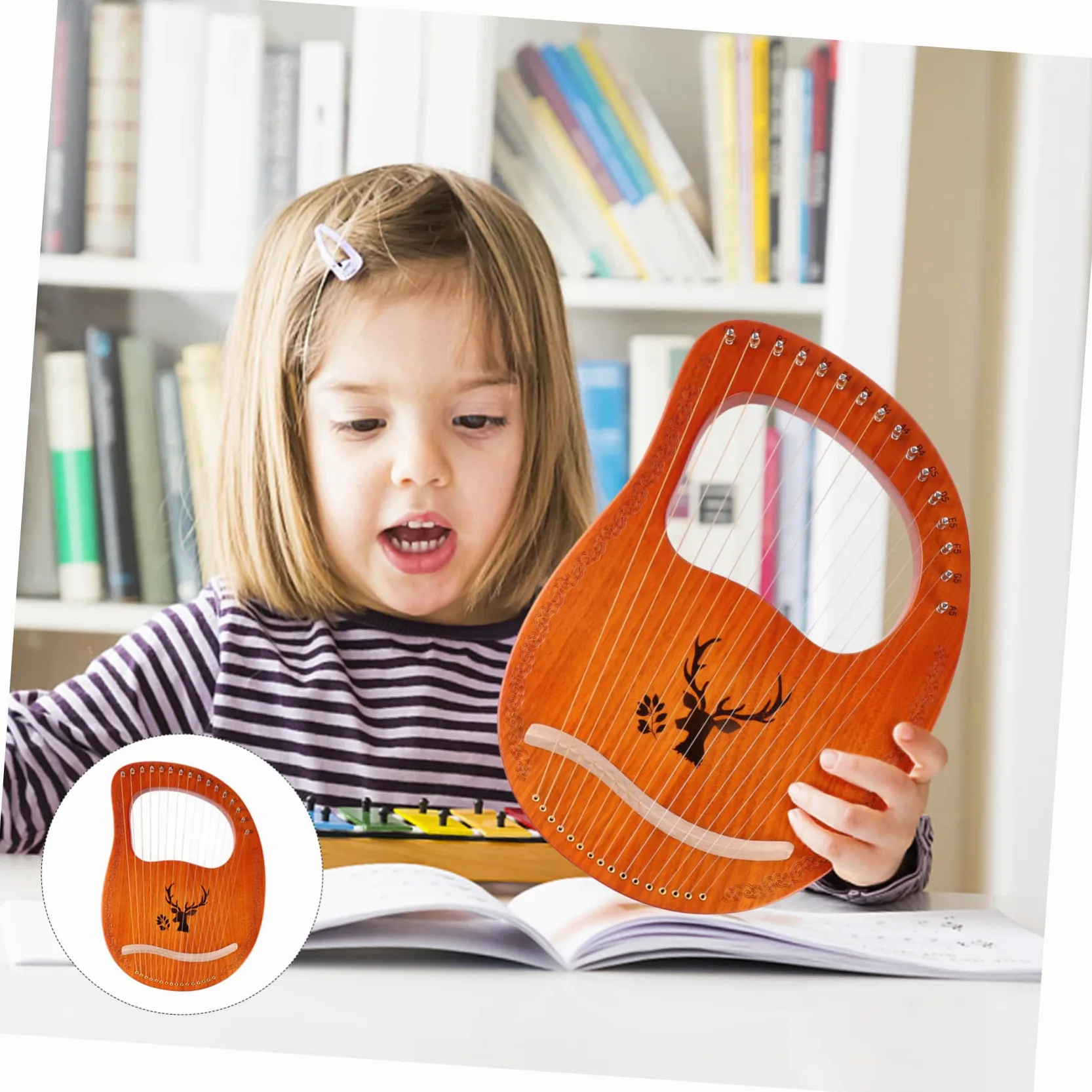 TOYANDONA Arpa Lira Strumento Corda Corde in Metallo di Pannello Decorativo Motivo Renna Ponte ad Altezza Bordi Arrotondati per Presa Sicura Strumento Musicale Portatile
