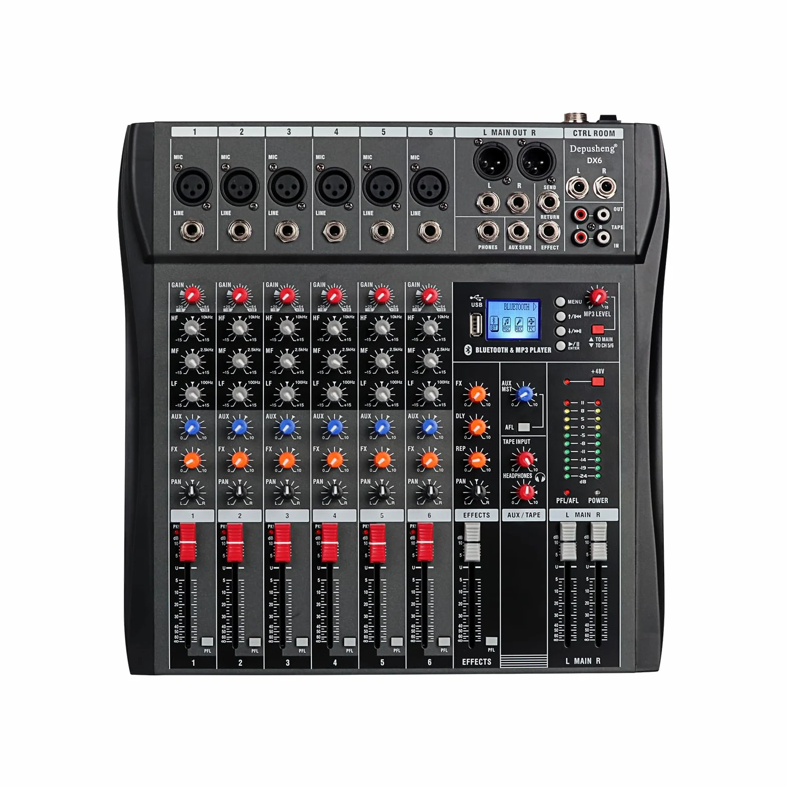 Depusheng DX6 Mixer Professionale Scheda Audio Console 6 Canali Desk System Interface Ingresso USB MP3 Digitale 48V Phantom Power DJ Studio FX Telaio in Acciaio, Mixer Audio Bluetooth Nero per PC