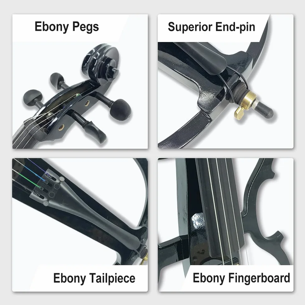 Set di violoncello elettrico 4/4 per principianti (include custodia leggera, cuffie stereo, archetto premium, ponte, colofone) per studenti adulti