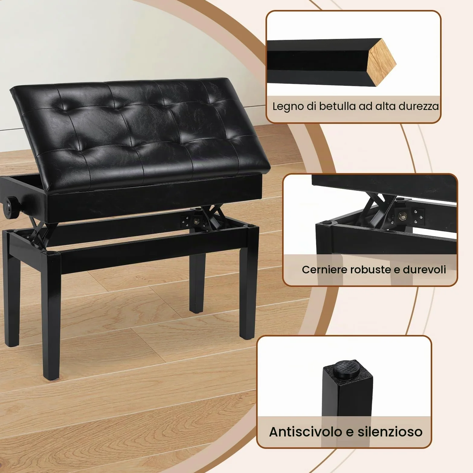Clevich Sgabello per Pianoforte, Regolabile in Altezza, Panca Pianoforte con Cuscino in Pelle PU, Sedia per Pianoforte Heavy Duty, Portata Fino a 200 KG, Nero