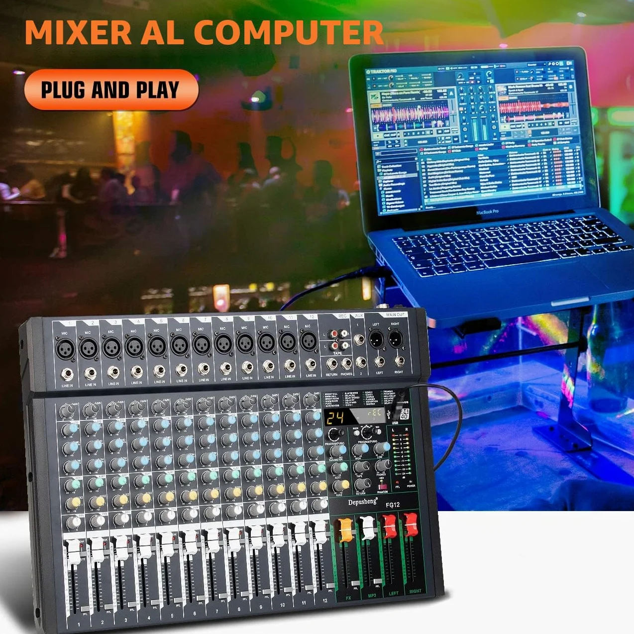 Depusheng FG12 - Mixer audio professionale a 12 canali per la registrazione del computer, interfaccia controller audio, mixer da studio 24 DSP integrato con alimentazione phantom da 48 V,Bluetooth