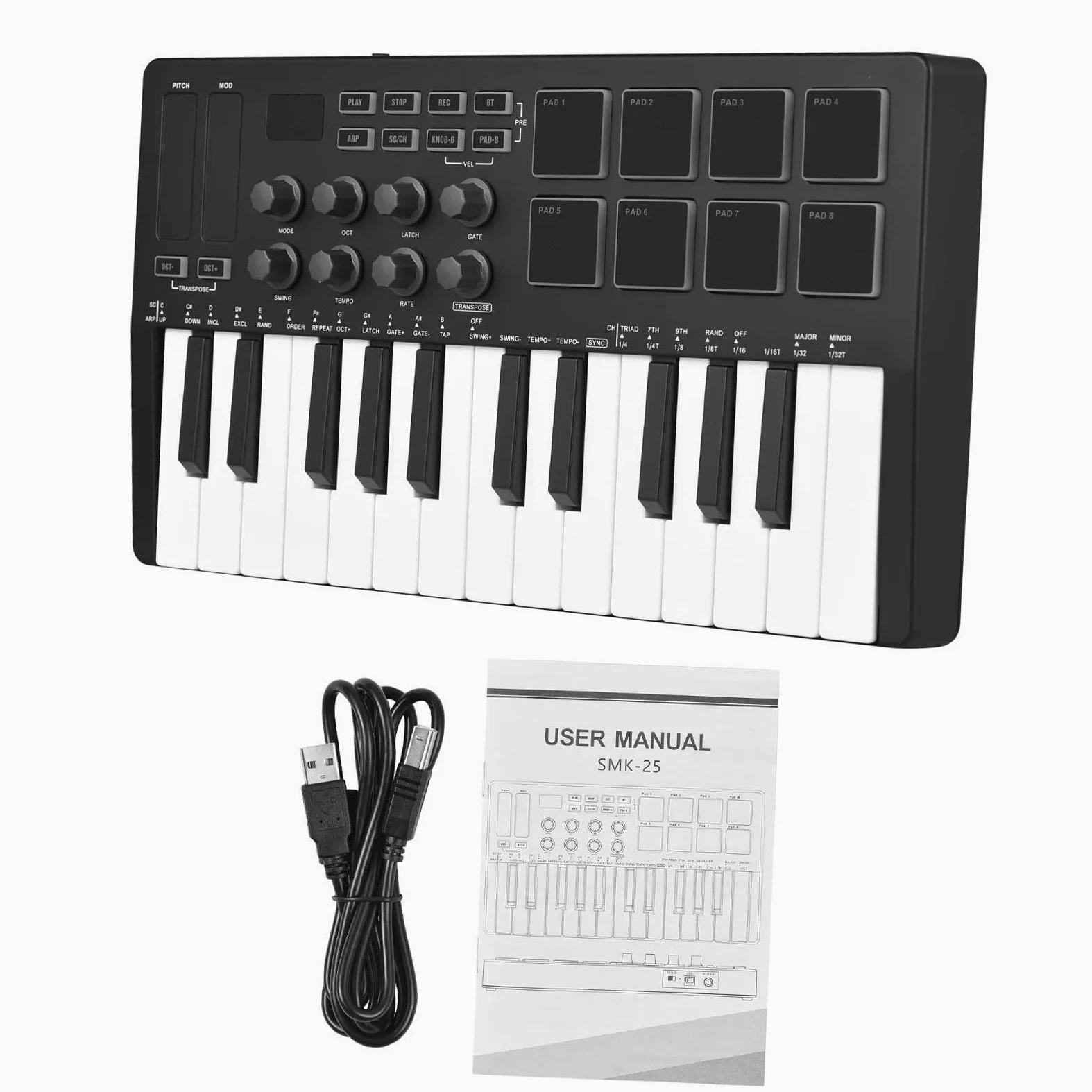 Tastiera Elettronica Professionale Mini 25 Tasti Wireless USB MIDI Keyboard Controller Con 8 Drum Pad Retroilluminati 8 Manopole E 2 Strisce Touch