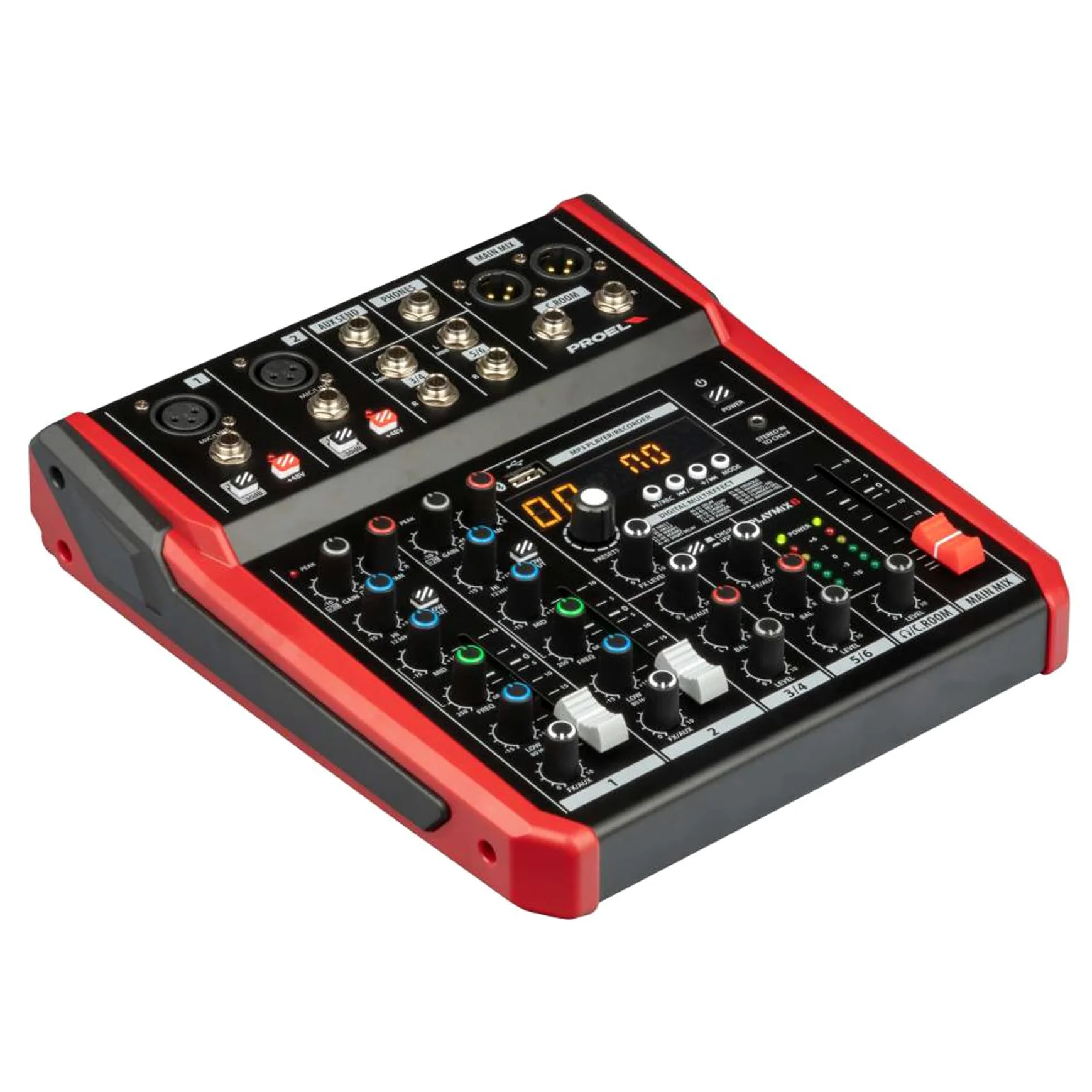 PROEL Proel PLAYMIX6 - Mixer audio a 6 ingressi con modulo bluetooth, lettore MP3 e Registrazione stereo su USB, Nero rifiniture in Rosso