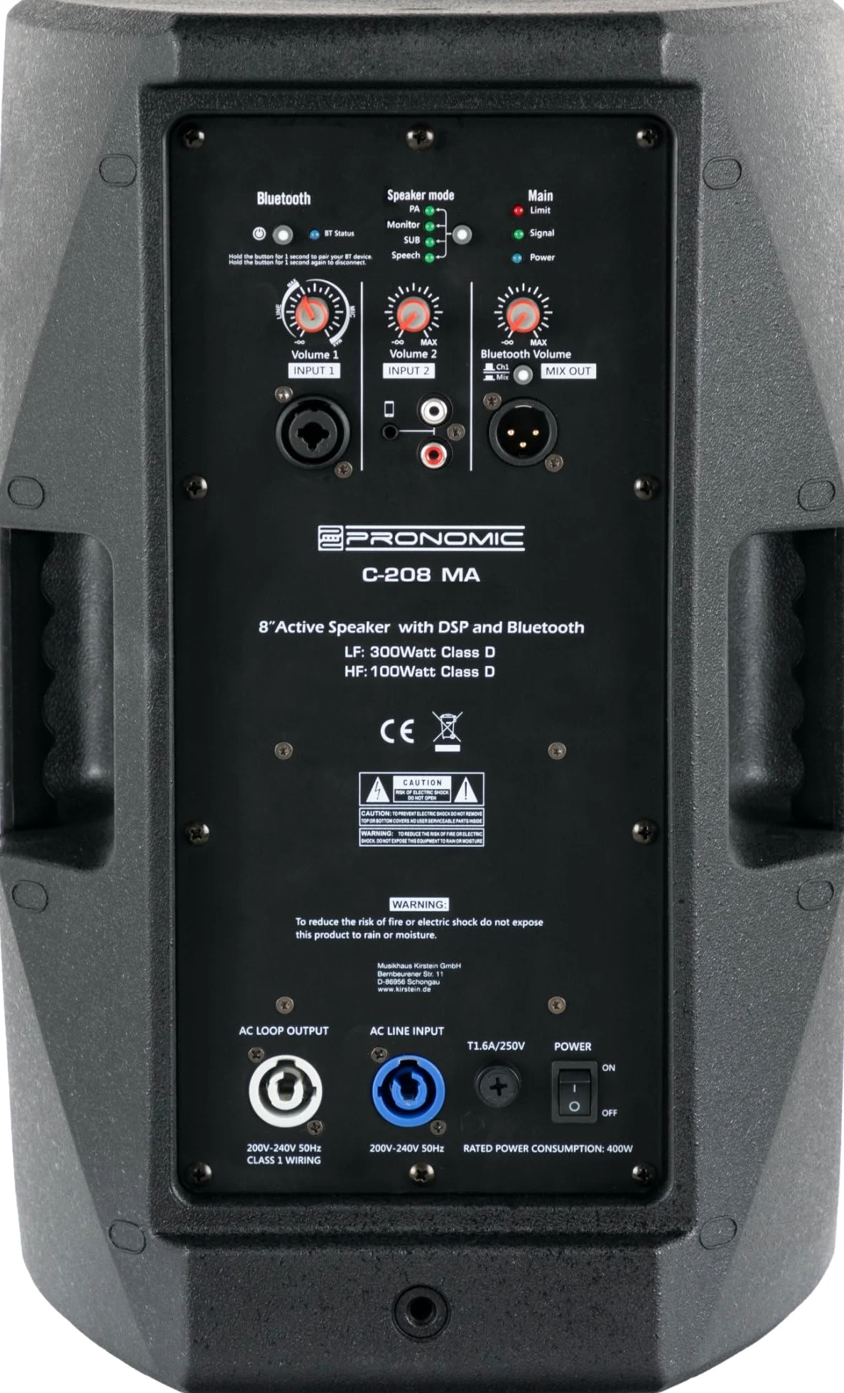 Pronomic C-208 MA Cassa Attiva 8" 400 Watt, Tipo: 2 vie Bi-Amp, SPL: 117 dB | Risposta in frequenza: 70 Hz - 20 kHz, Sensibilità (1m/1W): 91 dB, Impedenza: 4 Ohm, Woofer: 8" (203 mm), SPL: 117 dB, 3 kHz