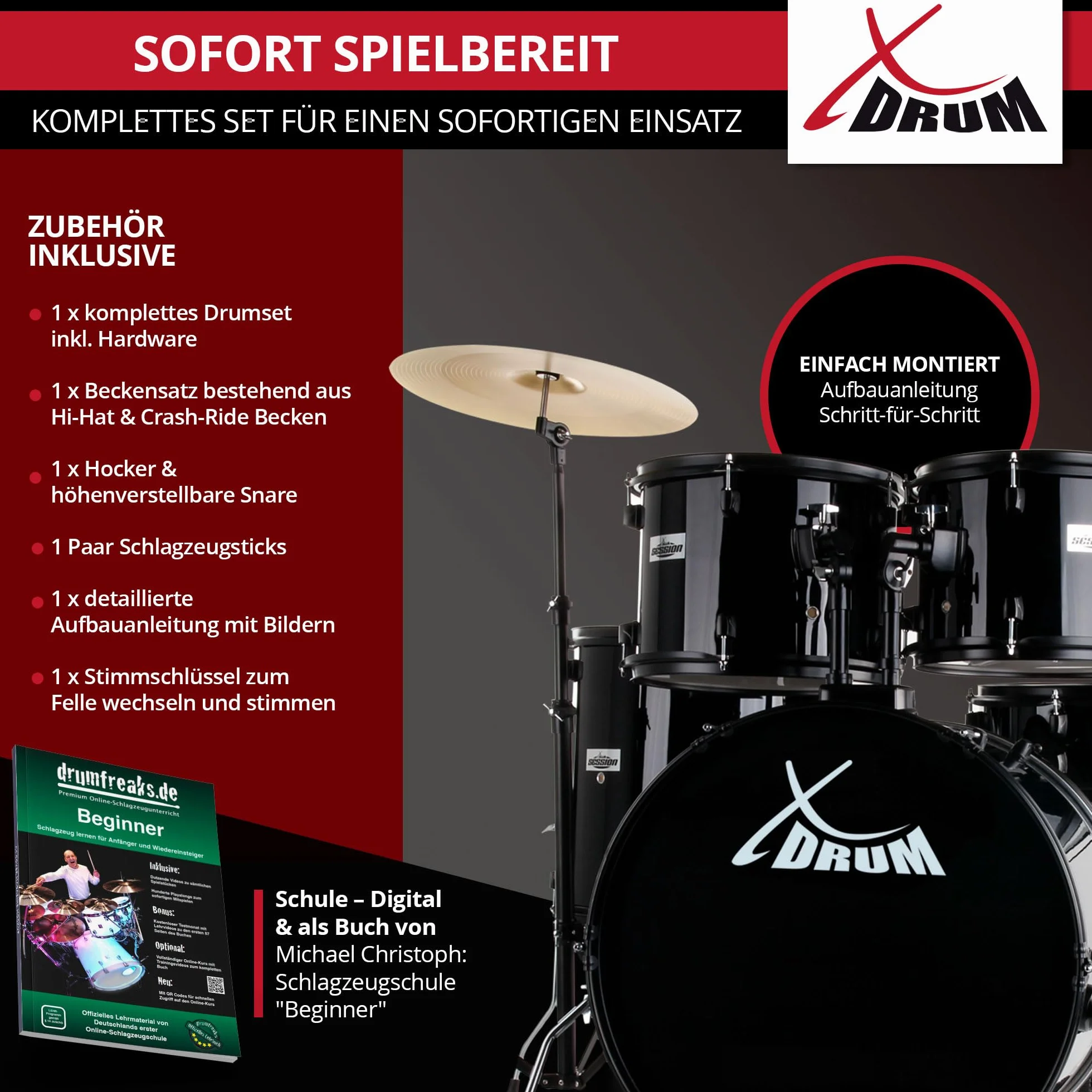 XDrum Rookie 22" Fusion Batteria Completa Black - Ideale per Principianti - Hardware Elegante in nero - Incl. Bacchette, Istruzioni di Montaggio e Scuola di Batteria - Nero