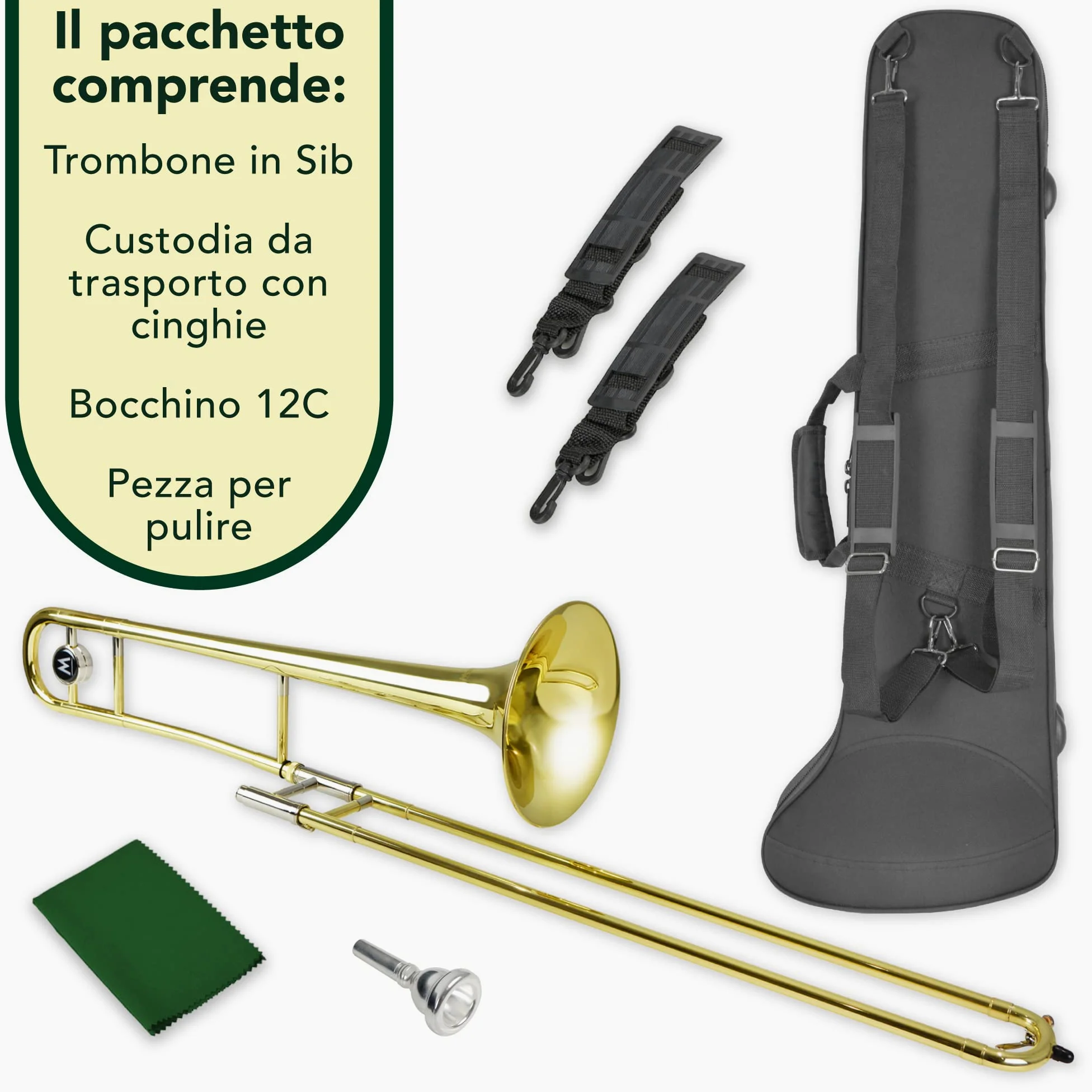 Montreux Student Trombone in Sib per Principianti con Custodia Protettiva Leggera, Bocchino 12C - Ottone Laccato, Campana da 8"/20 cm, Si Bemolle