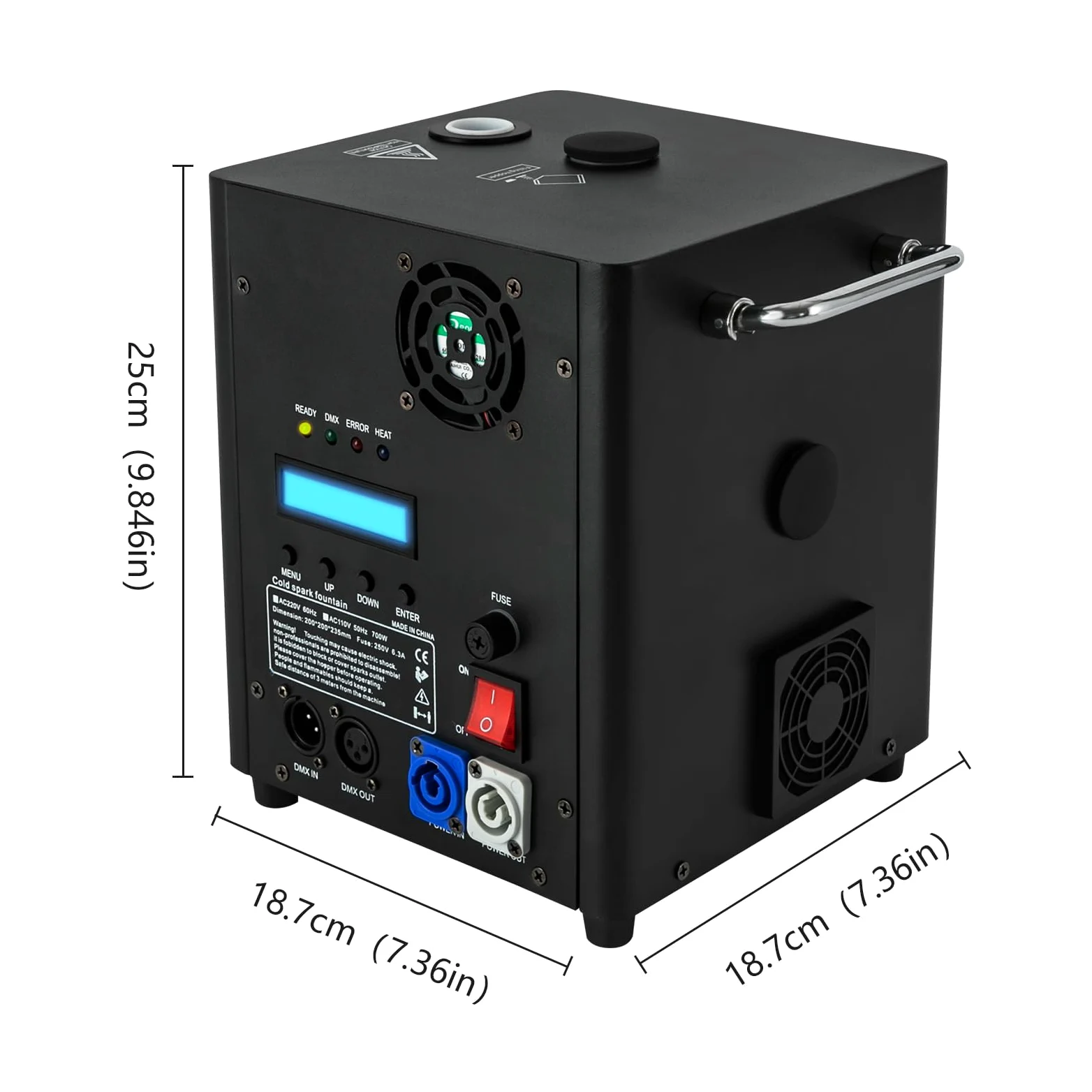 Macchina per scintille, 700 W, portatile, per palcoscenico, effetto speciale, altezza di iniezione regolabile, quattro spie di controllo, telecomando o DMX