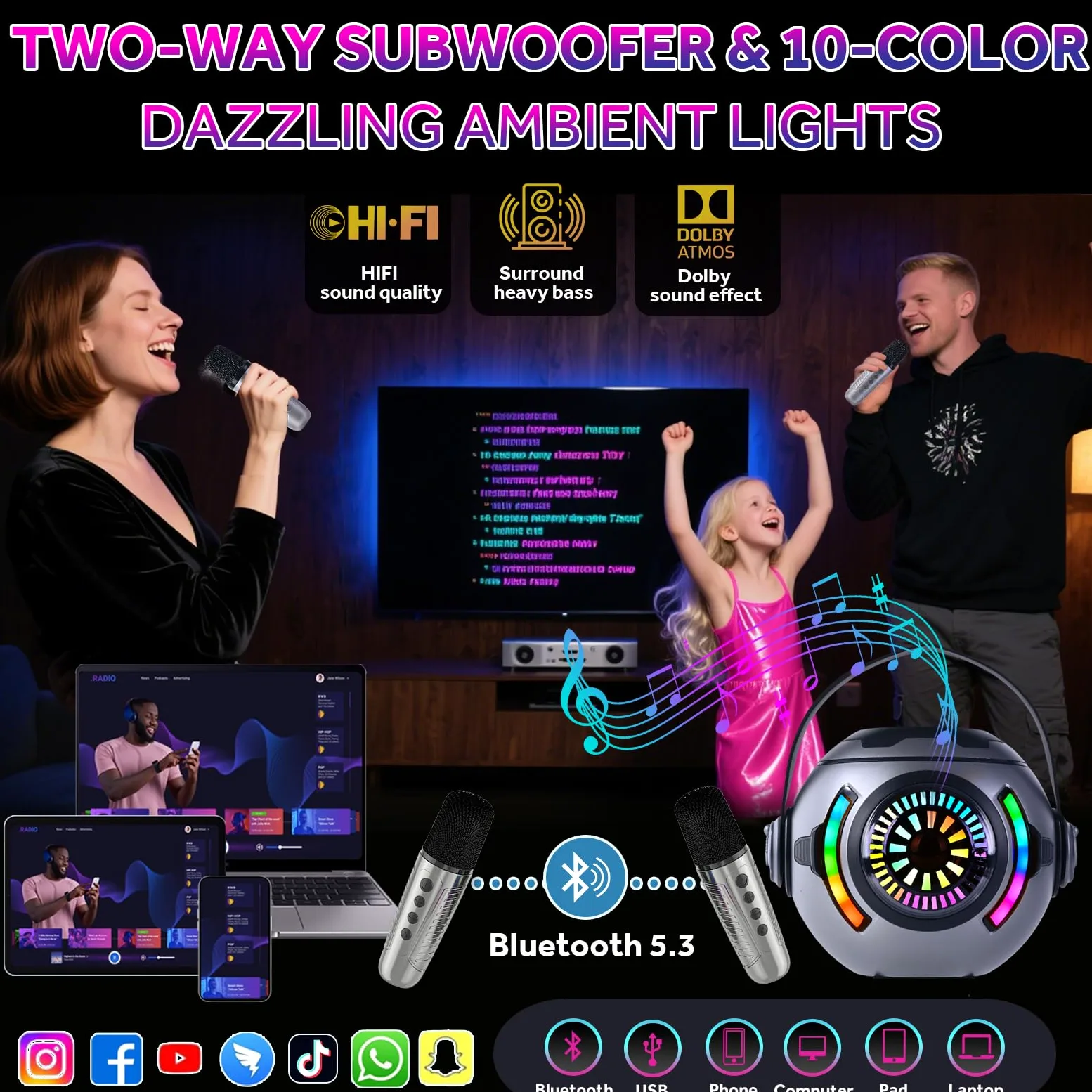 Karaoke Machine 2 microfoni, microfono wireless Bluetooth portatile per bambini, per bambini dai 4 ai 12 anni, regali per ragazzi e ragazze 4, 5, 6, 7, 8, 9, 10, 11 e 12 anni