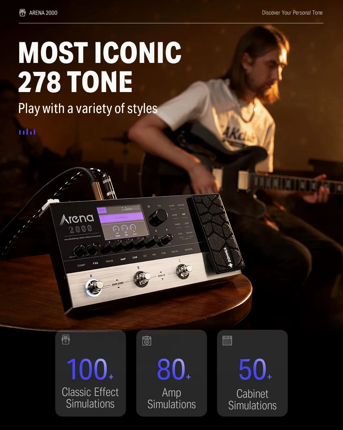 Donner Arena 2000 Pedale multieffetto, 278 Effects, 100 IRs, Looper, Drum Machine, Amp Modeling Guitar Pedal, Support XLR, MIDI IN