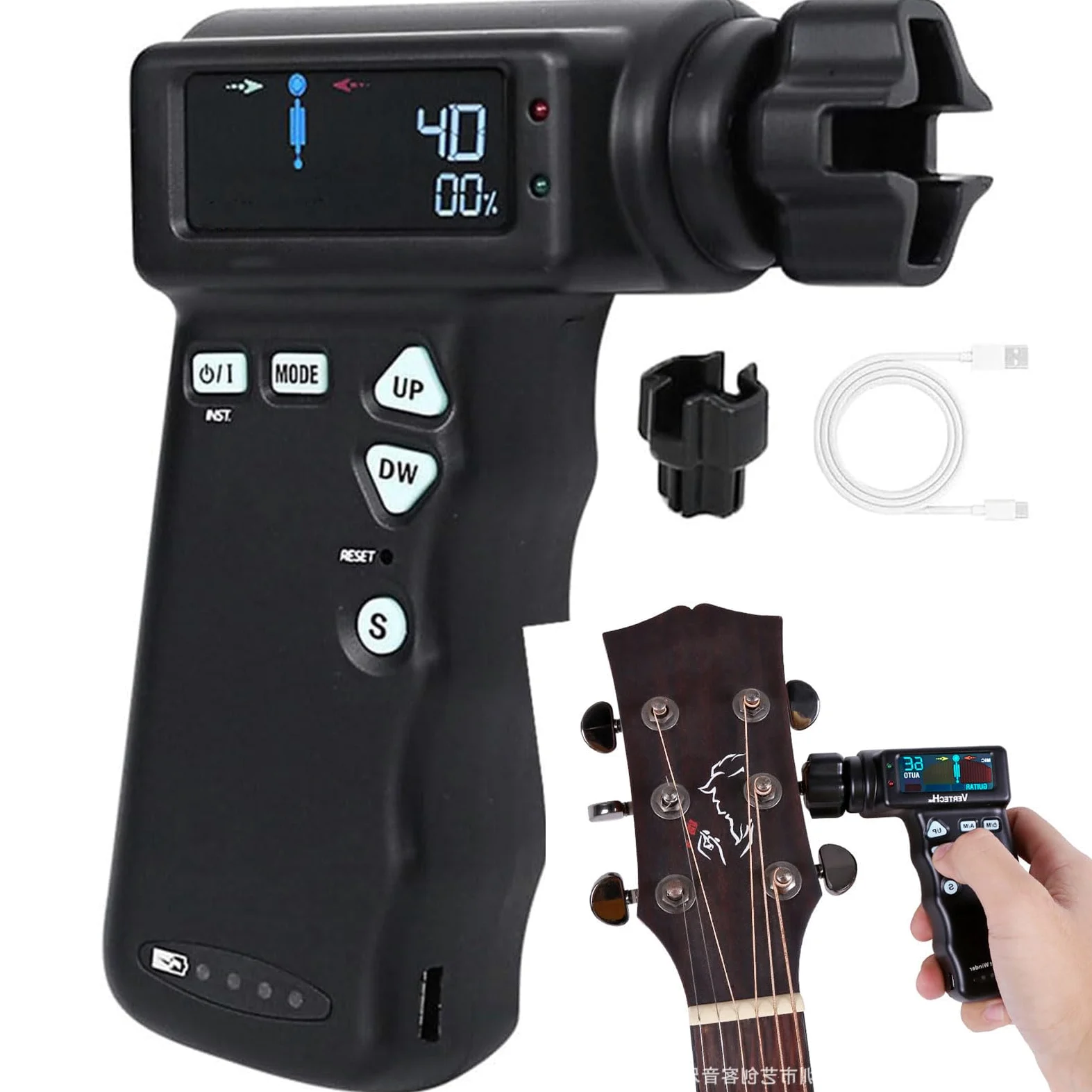 Accordatore per chitarra intelligente, accordatore automatico professionale per chitarra elettrica con modalità di accordatura multiple, display LCD colori, batteria litio incorporata 2600 mAh black