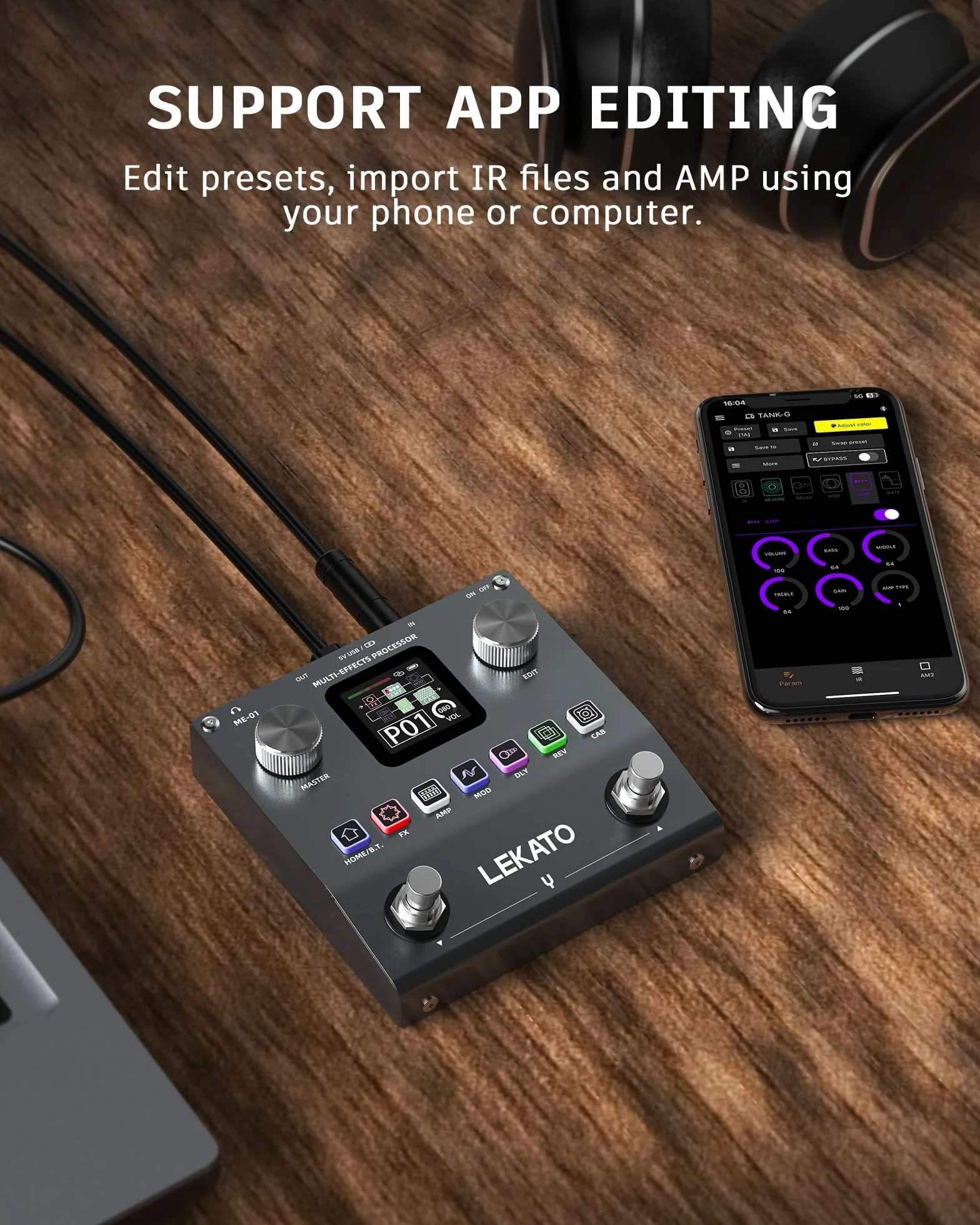 LEKATO Pedale Multi-Effetti per Chitarra, Processore di Effetti per Basso Ricaricabile con 6 Moduli Effetti, 80 Preset Editabili, Modifica APP, Caricamento IR, Registrazione OTG, Funzione BT