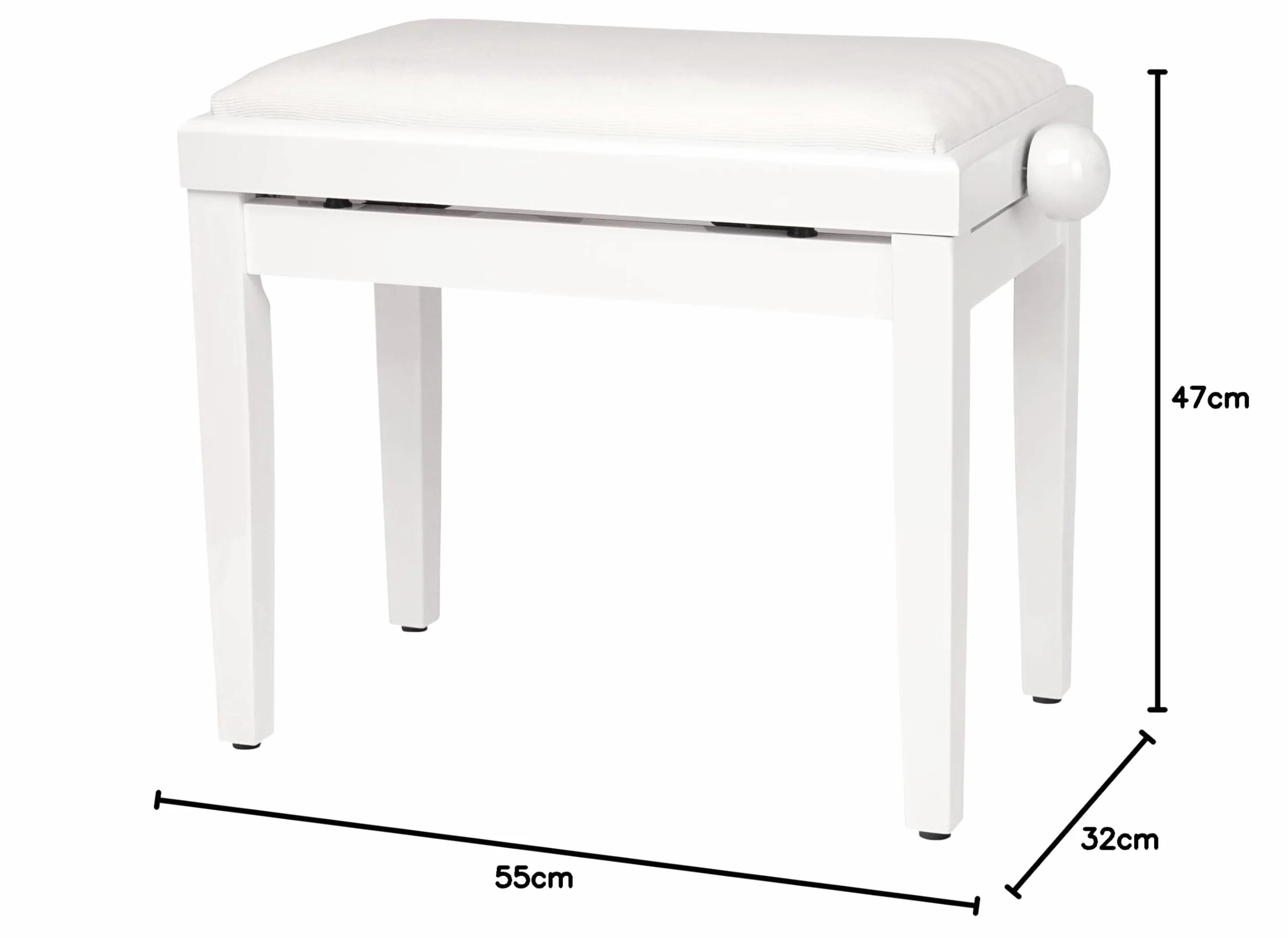 Classic Cantabile Panca per pianoforte bianco lucido - Altezza regolabile da 47 a 56 cm - Sgabello con meccanismo a fuso - Seduta panchetta 55 x 32 cm - Sedia con rivestimento in velluto, stabile