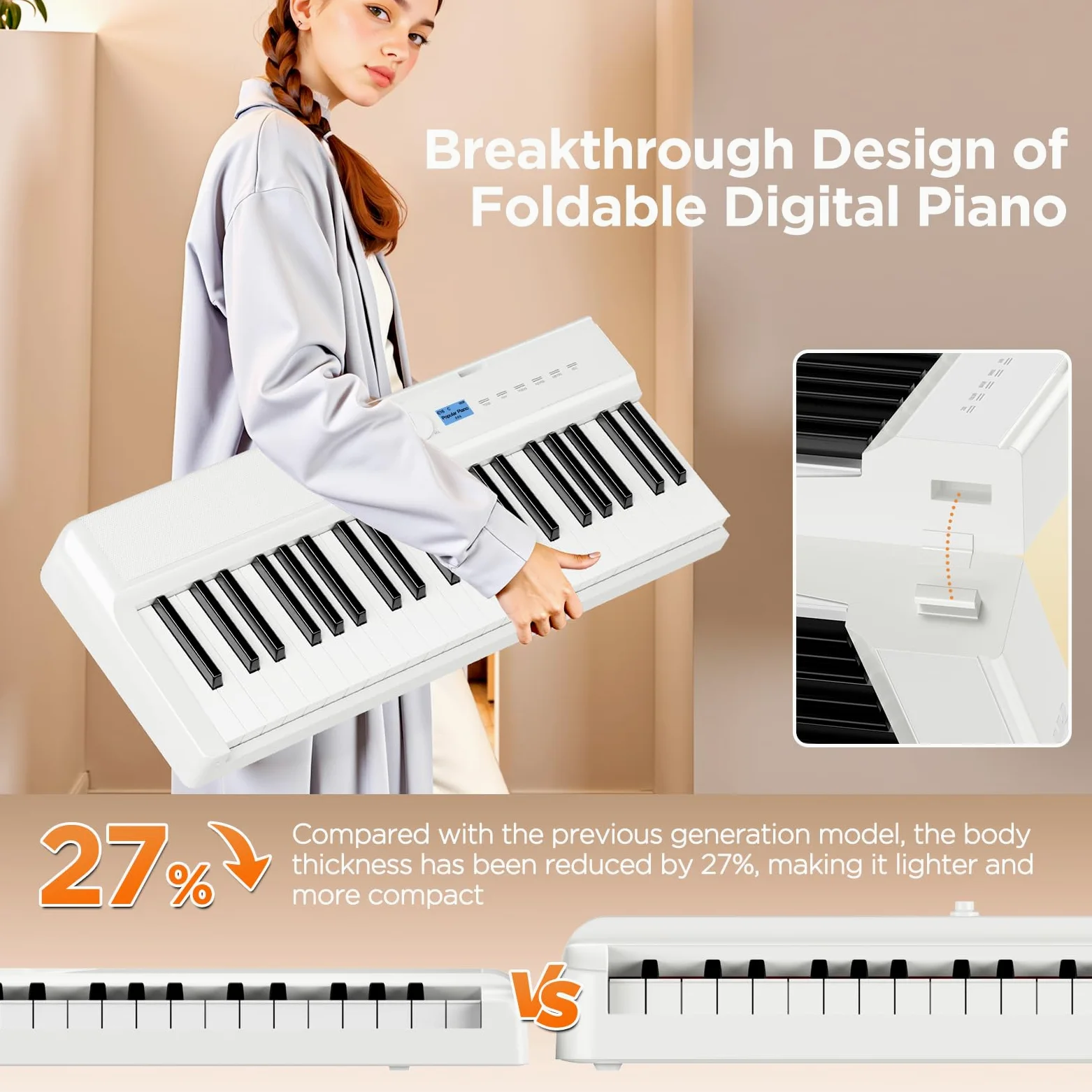 TERENCE 30W Pianoforte digitale Il pianoforte elettronico pieghevole più sottile e leggero Tastiera pesata a 88 tasti Touchpad a specchio Con interfaccia Bluetooth e MIDI Suona stili diversi Bianco