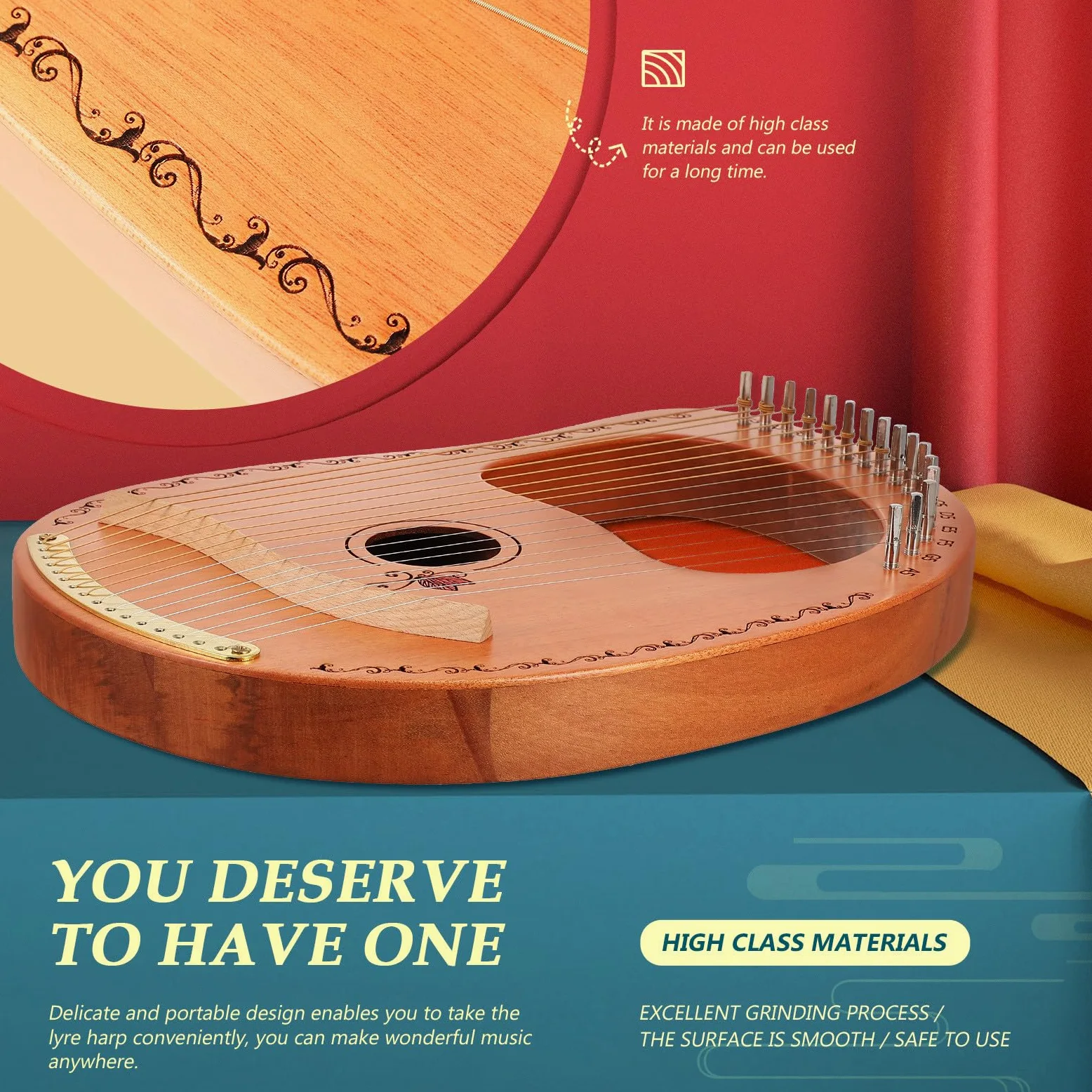 TOYANDONA Arpa Lira in Legno a 16 Corde Portatile Bordi Arrotondati, Strumento Musicale per Principianti, Regalo Creativo per Coltivare Interesse Musicale e Intrattenimento