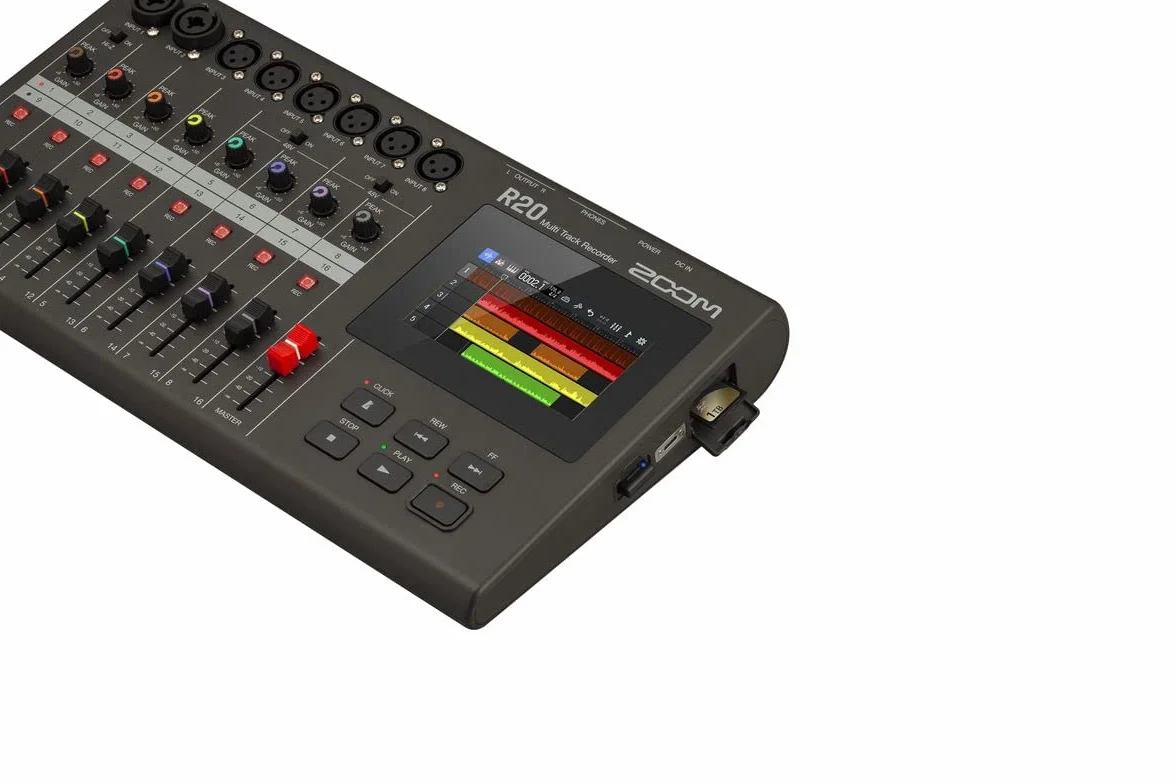 Zoom - R20 - Registratore da tavolo multitraccia, con touchscreen, editing integrato, 16 tracce, 6 ingressi XLR, 2 ingressi combo, effetti, synth, loop di batteria e interfaccia audio USB.