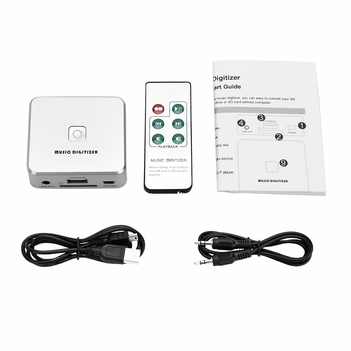 Registratore e convertitore audio, da qualsiasi formato a file MP3, con porte d’ingresso da 3,5 mm e RCA, dotato di telecomando