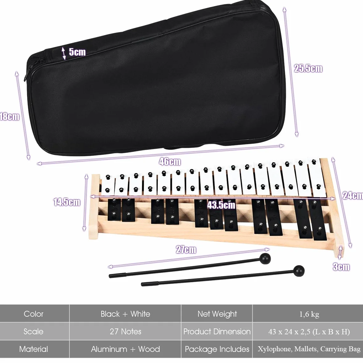 KOMFOTTEU 27 note xilofono, carillon con tasti in metallo e base in legno, percussione a mano con 2 bacchette portatile con custodia per il trasporto, strumento a percussione per prestazioni, concerto