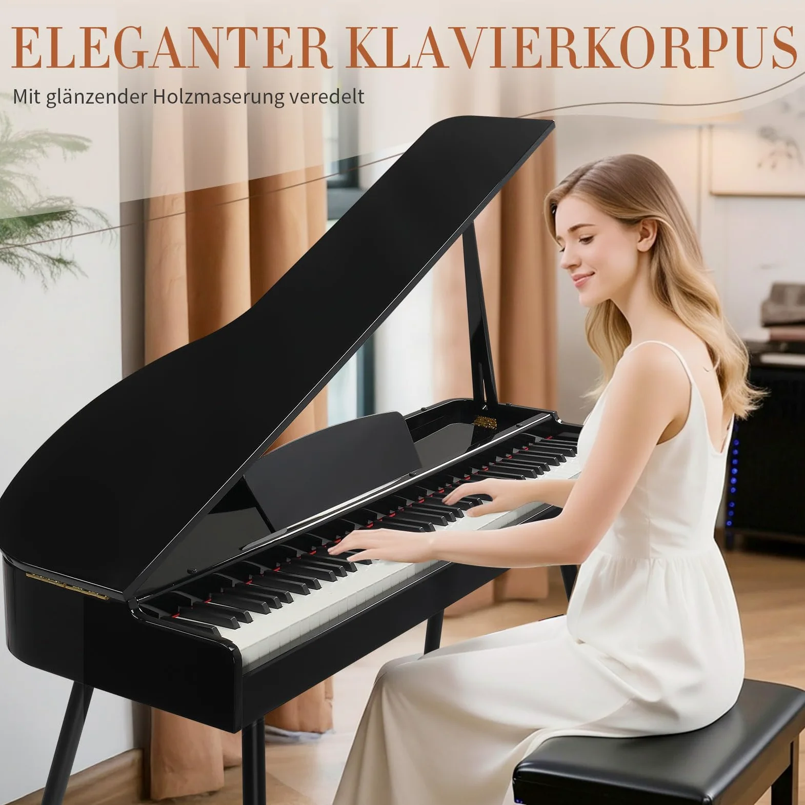 LEADZM Grand Piano, pianoforte digitale con 88 tastiera ponderata e finitura lucida, coperchio pieghevole, suono a 4 altoparlanti, Bluetooth MIDI/audio, nero