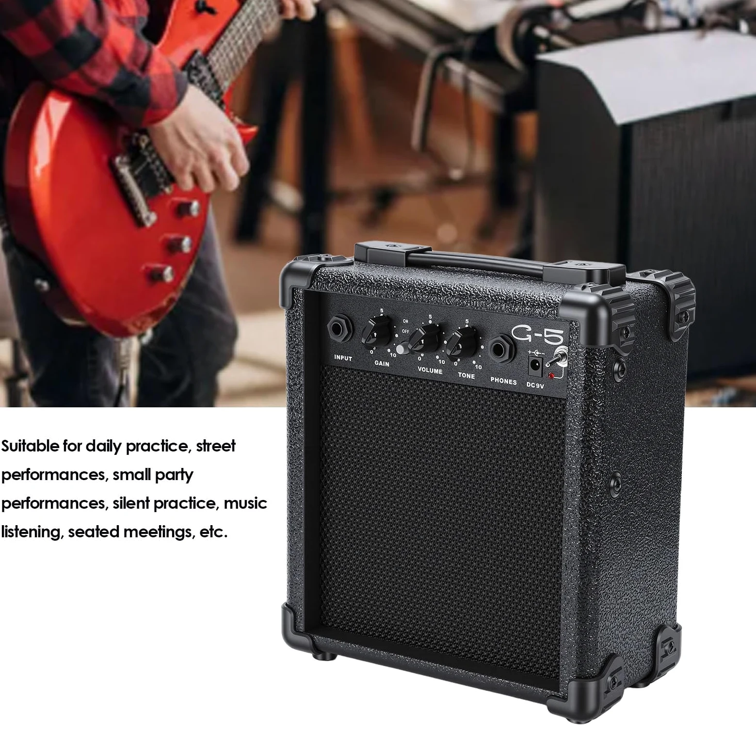 Mini Amplificatore per Chitarra da 5 W con Jack per Cuffie Doppio Altoparlante Amplificatore per Chitarra Elettrica Portatile per Esercitarsi in Viaggio e Ascolto di Musica