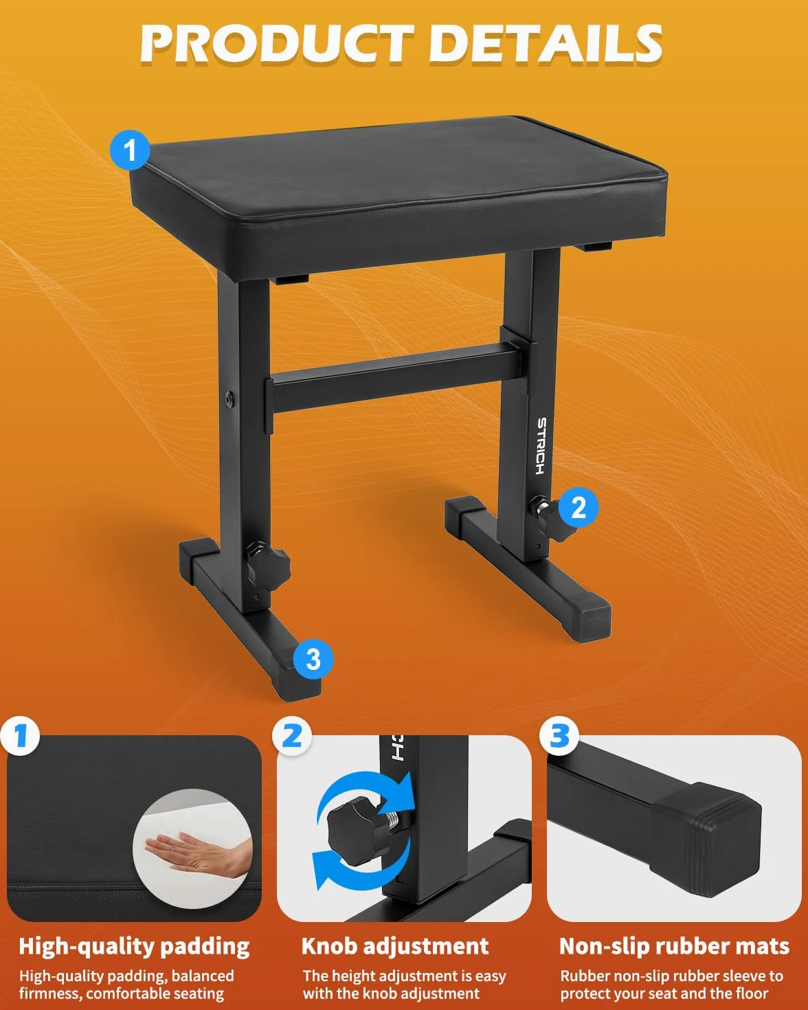 STRICH Sgabello regolabile per pianoforte, sedile per tastiera musicale, sgabello per pianoforte, sedia con cuscino imbottito per musicisti, nero, SPB-M50 (pelle PU)