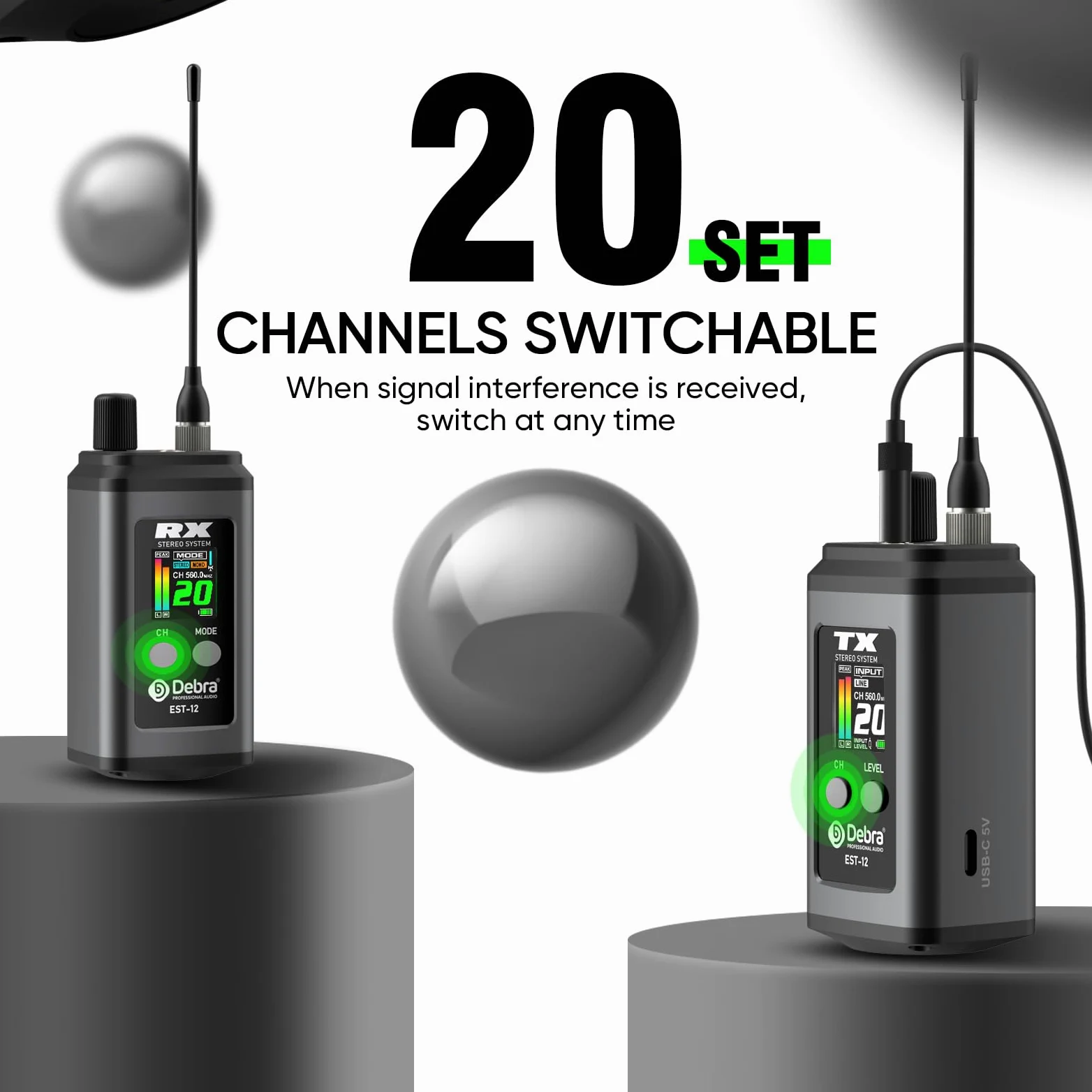 Debra EST-12 Sistema IEM UHF Professionale (1 Ricevitori), 20 Canali, 0ms Latenza, 80m Portata, Custodia Metallica per Studio e Palco (2 Pcs Nero)