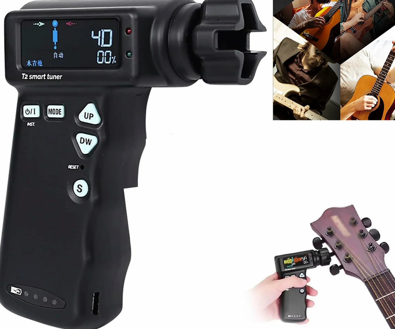 McbeAn Accordatore per Chitarra, Accordatore per Chitarra Elettrica Professionale con Display LCD a Colori, Riconoscimento Intelligente, Rotazione Automatica, Batteria al Litio Integrata da 2600 mAh