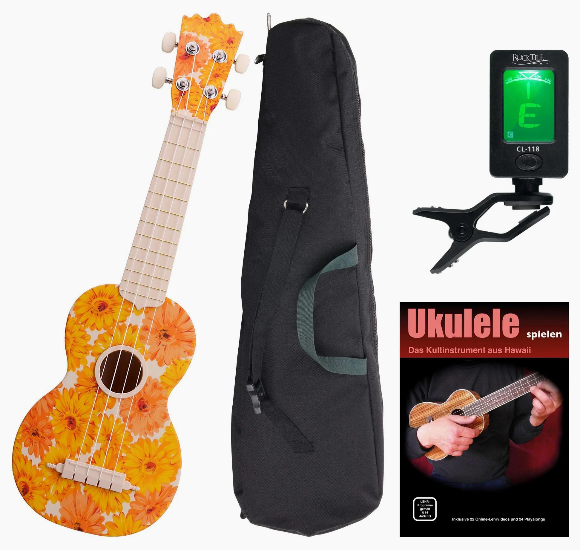 Classic Cantabile BeachBuddy Beachflower Set Ukulele incl. Accordatore | Classic Cantabile Sopran Ukulele, Resiste a umidità e sbalzi di temperatura, Scala sopranino, 12 tasti, Design originale