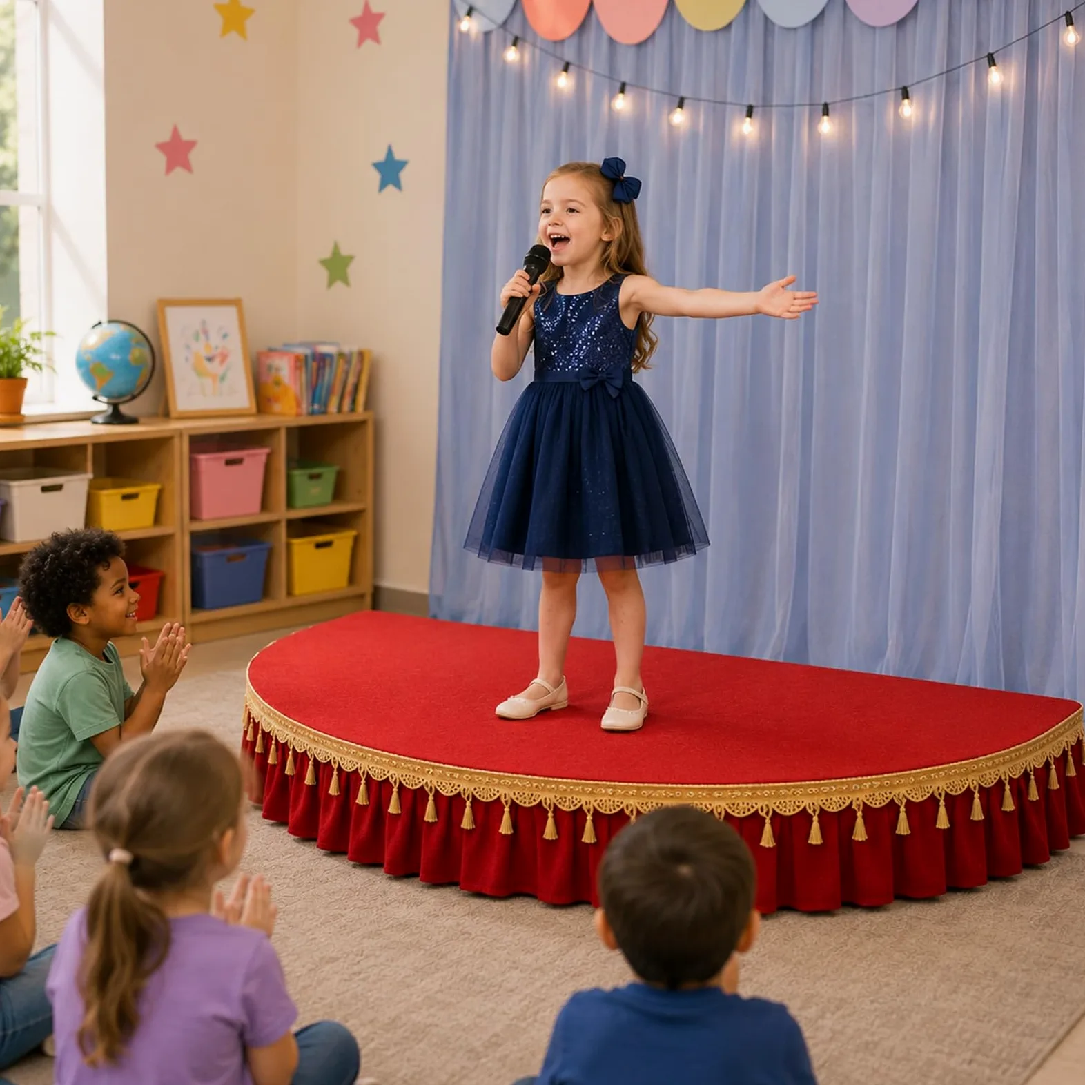 Palco semicircolare portatile per bambini, piattaforma per palcoscenico inclusa, grembiule, elevata capacità di carico, ideale per ospitare discorsi in pubblico e canti(Red B,100x50cm)