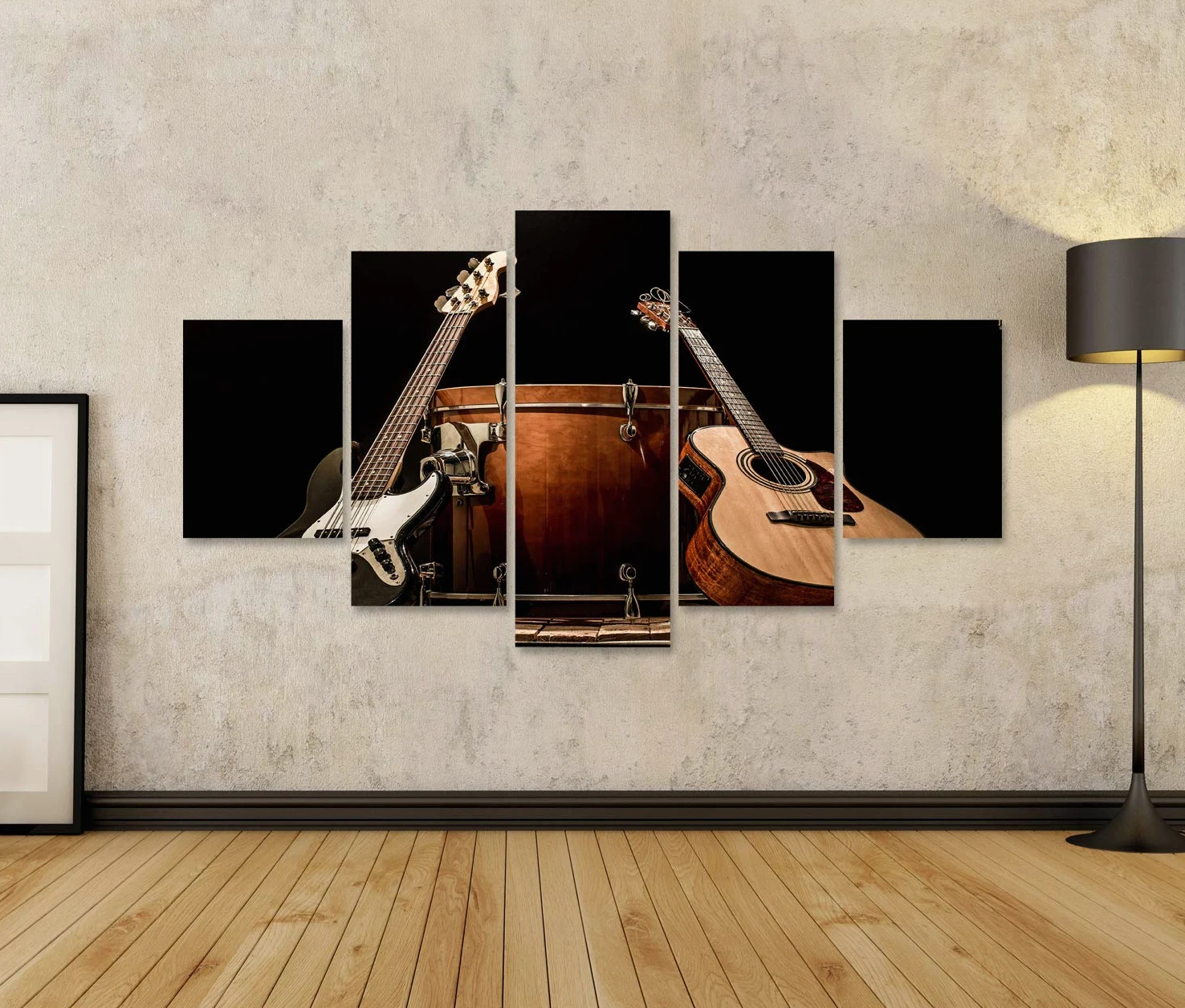 islandburner Quadro su tela Strumenti musicali Bass Drum Barrel Chitarra acustica Basso Nero Sfondo Concetto di musica Stampe Arte Poster Murale