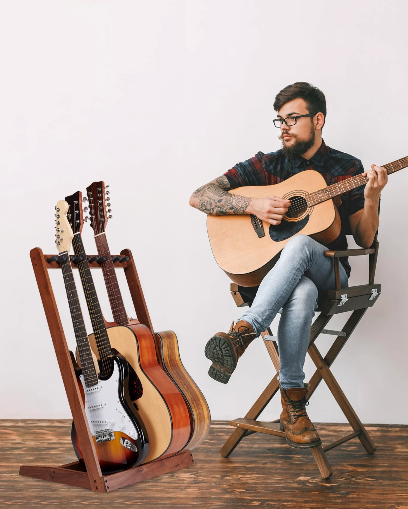 Supporto per chitarra multipla in legno duro (3 chitarre acustiche, 5 elettriche o basse), 5 supporti per chitarra da uomo, pieghevole, da pavimento, per studio e casa