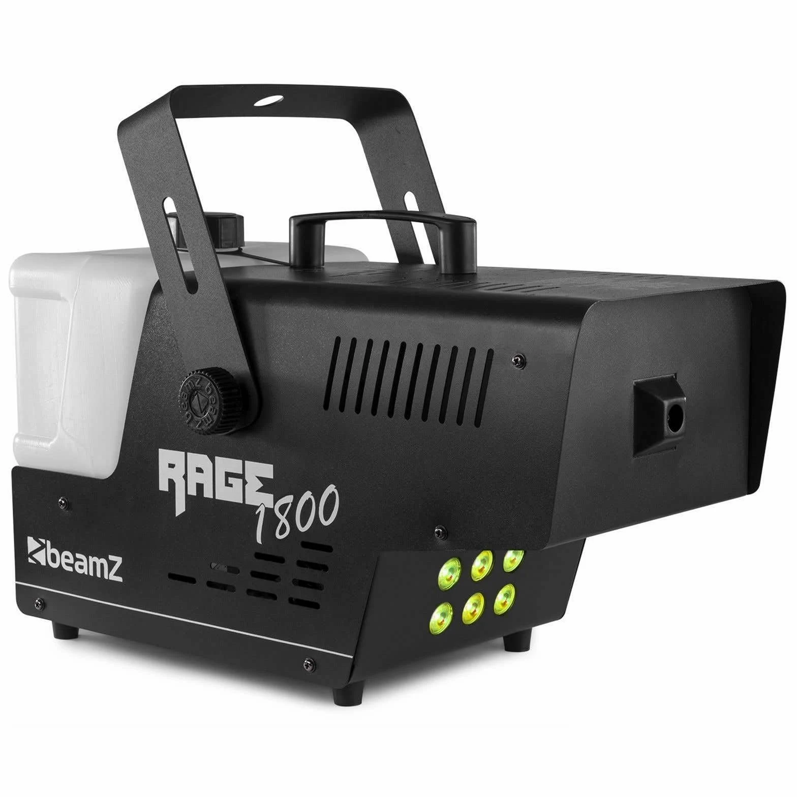Beamz Rage 1800 - Macchina del Fumo con telecomando, 1800 Watt, 6 x 4 W LED RGBW, volume Uscita: 530 m³ al minuto, volume serbatoio: 3,5 litri, 7 canali DMX, tempo di riscaldamento: 4 min