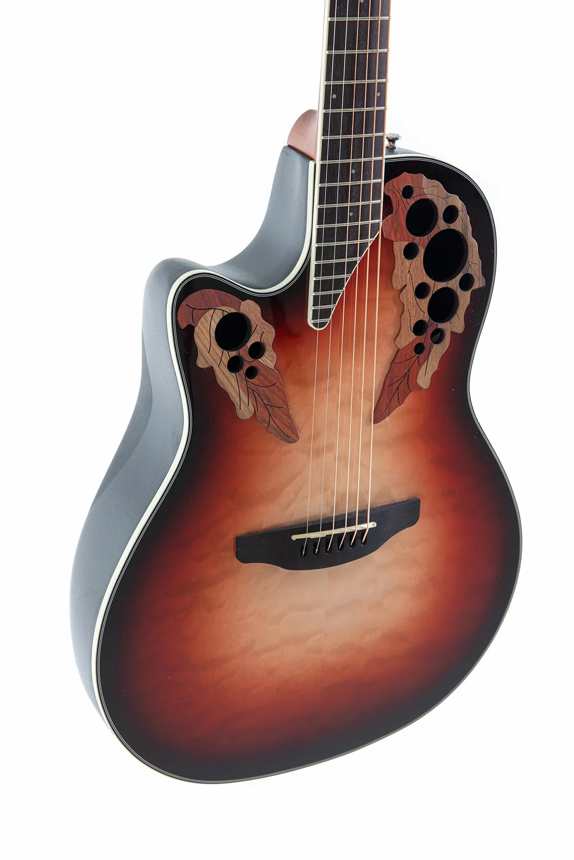 Ovation Chitarra acustica elettrica Celebrity Elite Plus CE44LX Mid Cutaway – Modello a mano sinistra – Coperta in legno pregiato – Mid-depth Lyrachord Body – Ruby Burst – CE44LX-1R-G